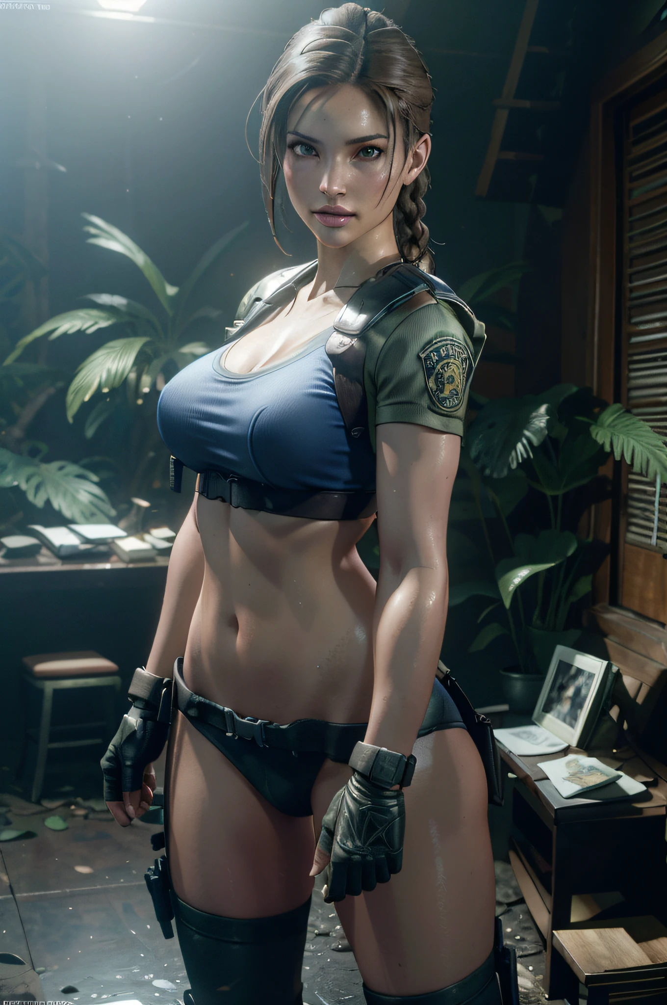 RAW photo, realism, (hyperealistic), beautiful lighting, best quality, realistic, full body portrait, real picture, intricate details, depth of field, 1girl, in a hot rainforest, A very sexy skinny Lara Croft, Megan Fox, wearing sexy brown leather micro bikini, highly-detailed, ponytail, perfect face, blue eyes, lips, wide hips, small waist, tall, make up, Fujifilm XT3, outdoors, bright day, Beautiful lighting, analog, 8k uhd, film grain, ((bokeh)),perfecteyes

(masterpiece, best quality:1.2), lis (battlefield 2042), solo, gloves, blond hair, headset, military, 1girl, uniform, holster, breasts, large breasts, goggles, bulletproof vest, braid, tinted eyewear, single braid, sunglasses, desk, indoors, window, looking at viewer, smile, closed mouth, wooden floor, day, thong, thong showing, exposed_midriff, standing, legs_apart,  walking through a jungle river, in the jungle,perfecteyes, an old jungle house in the bacground, overgrown with jungle plants,FFIXBG

jill valentine, facial portrait, sexy stare, smirked, inside room, disorganized, cloudy sky, lightning, moon showing through the window, weapons, full body image, waring boots, garter_belt, thong_panties, in focus, soft light all over the image