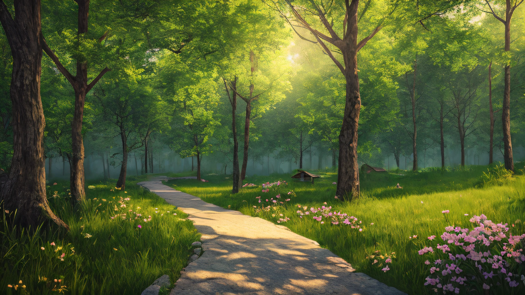 Painting of a path in a park with flowers and trees - SeaArt AI