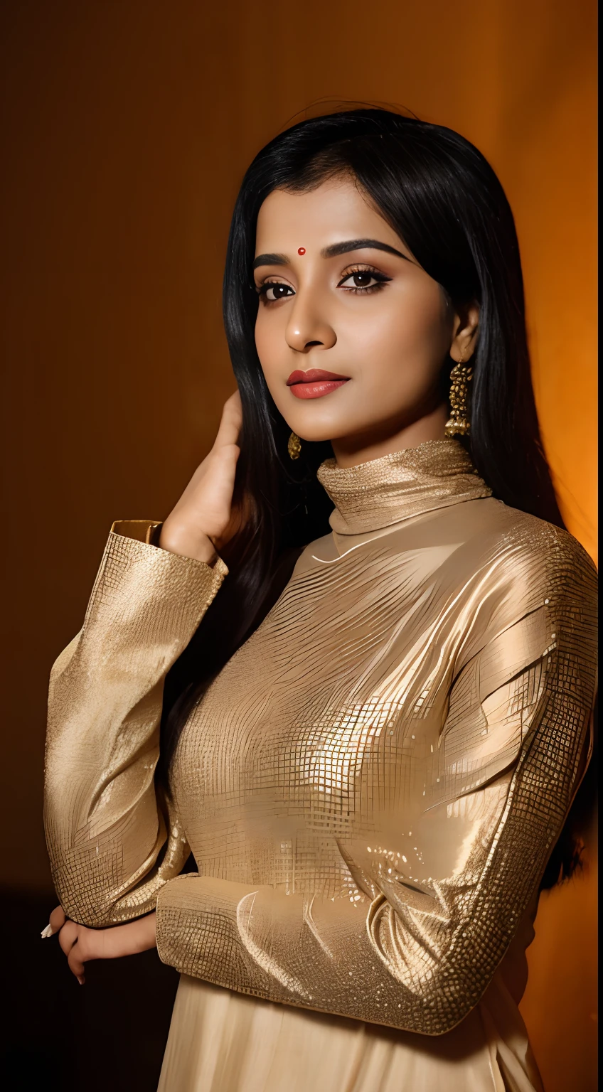(((desi girl))), natural brown skin, wearing turtle-neck top and dupatta, charming black hair, diya light background, bokeh