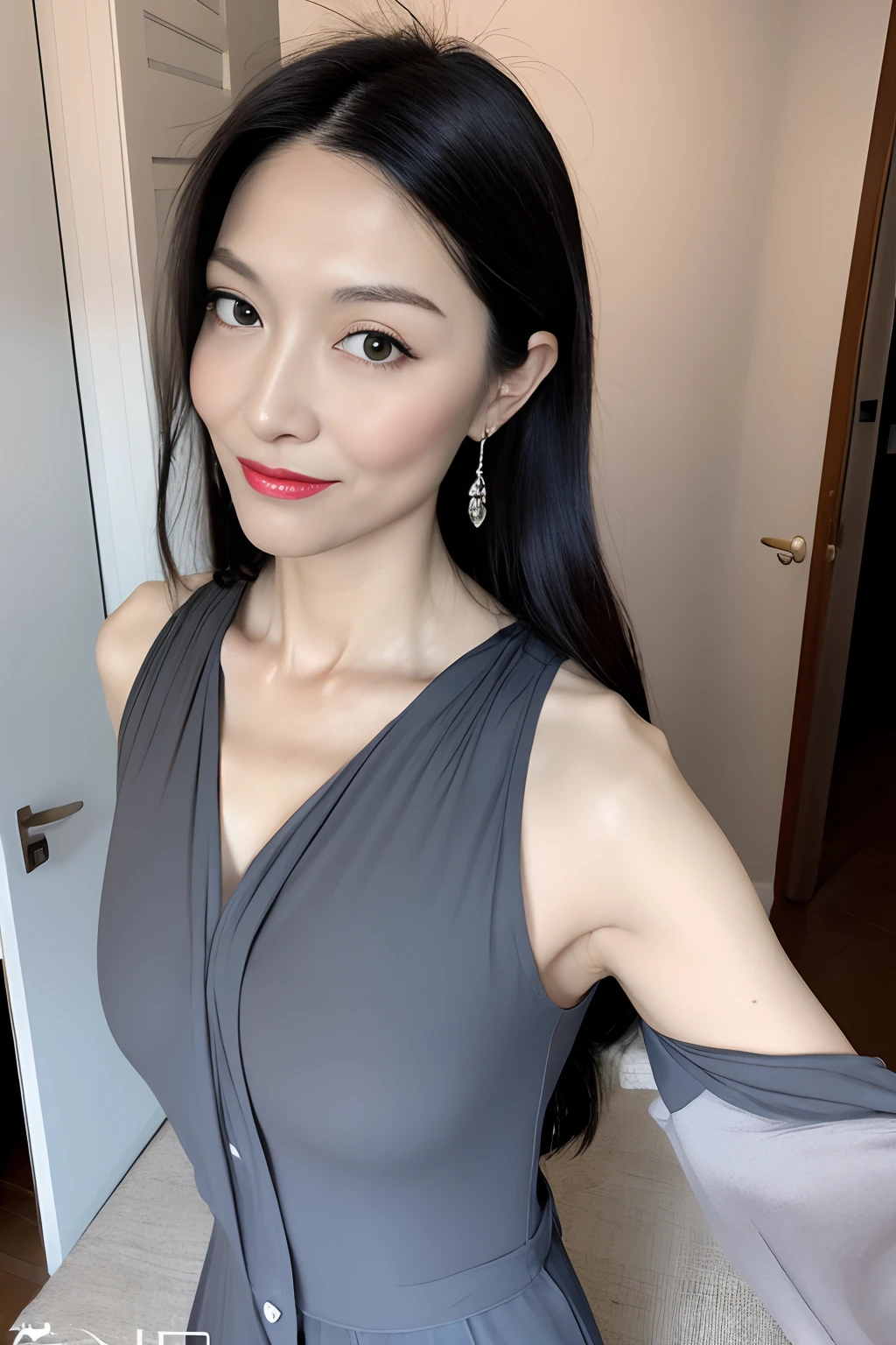 1girl in、Super beautiful Japan woman in her 40s、Sheer、Sensual look、real looking skin、Colossal tits、Fashion Model Body Type、Darklet、Focus on the eyes、mascara、lipsticks、pube、Constricted waist、Dark gray background