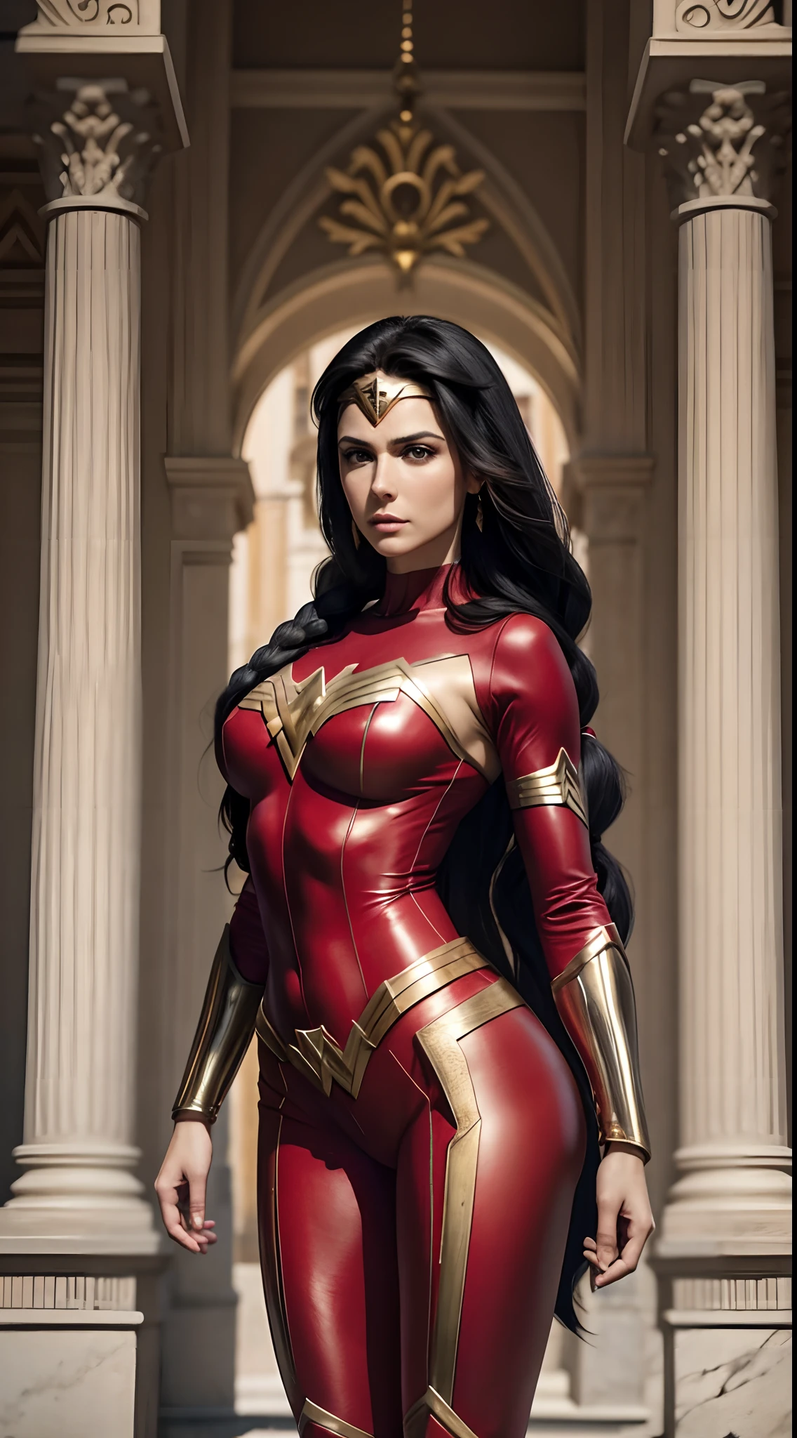 Anita Gucciardi, 29 anos, as the Superheroine Wonder Woman, in a red bodysuit with bright blue pants, cinto dourado, gauntlets de ouro, tiara dourada, golden armlets, strong facial expression, mulher determinada, look-at-camera, olhos azuis, cabelos pretos, hair with long braids, Cabelos Longos, Botas em Zuis, Curvilinear athletic body, musculatura definida, defined buttocks, Coxas grossas e musculosas, Front view, perspectiva de corpo inteiro, Classical Greek architecture, raios de luz