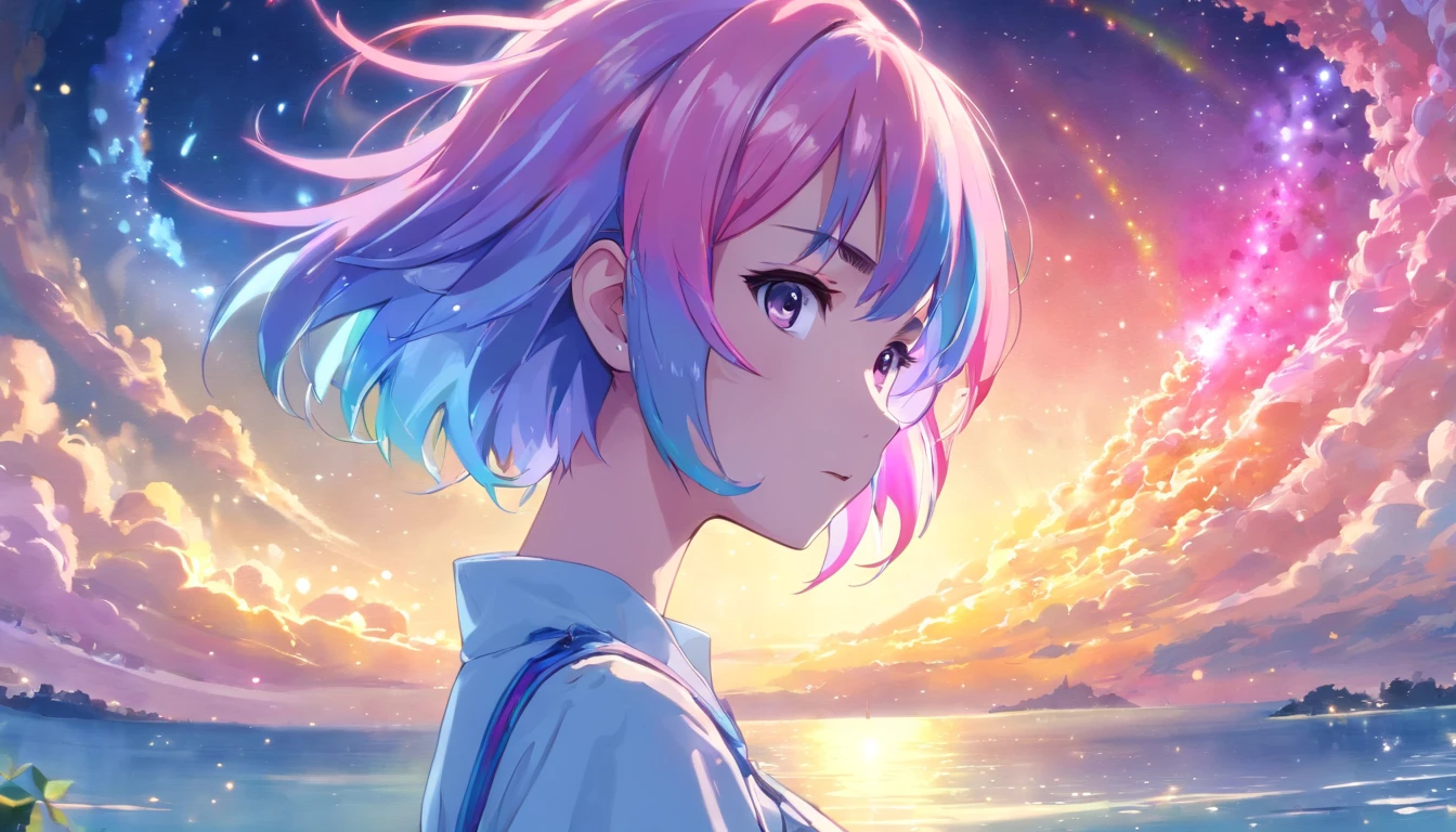 (masterpiece, top quality, best quality,watercolor (medium),official art, beautiful and aesthetic:1.2),(1girl:1.3), (fractal art:1.3),upper body, from side, looking at viewer,patterns,(rainbow color Hair,colorful hair,half blue and half pink hair:1.2),water,liquid, cloud,colorful, starry,stars,