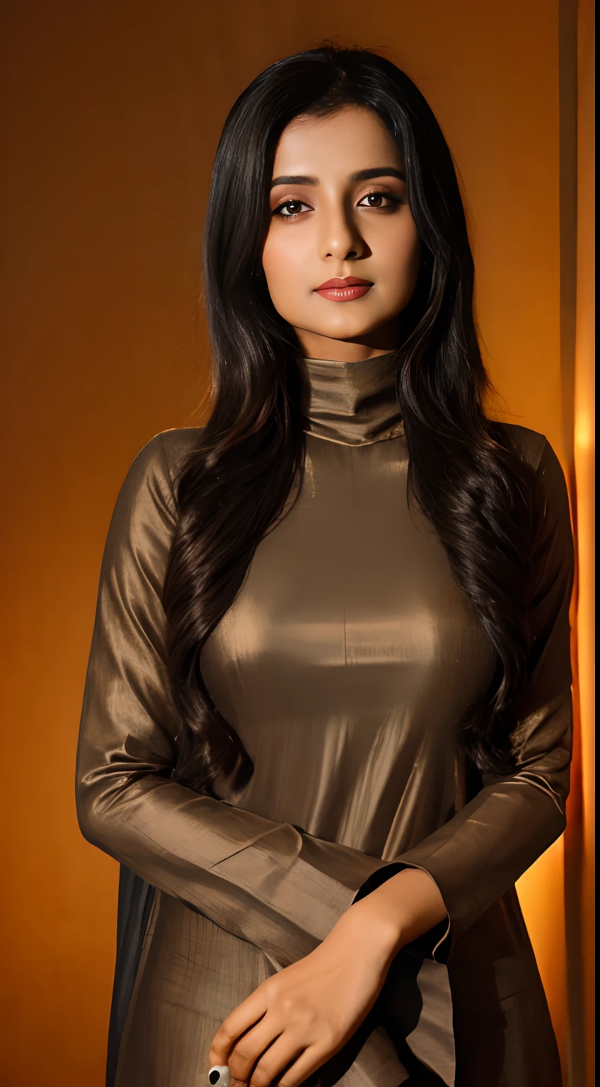 (((desi girl))), natural brown skin, wearing turtle-neck top and dupatta, charming black hair, diya light background, bokeh