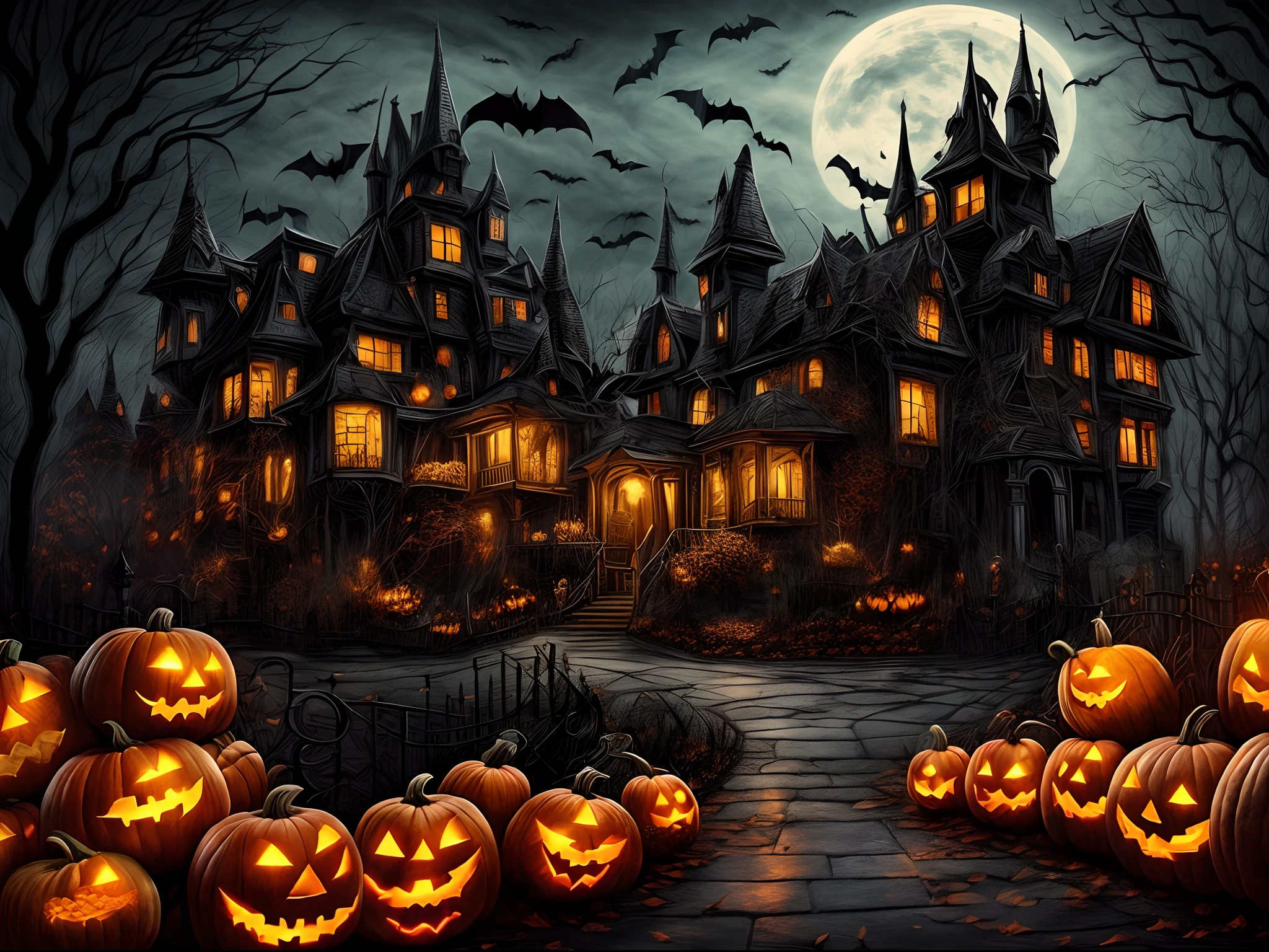 (tmasterpiece),（ultra - detailed：1.3），best qualtiy，（glittery:1.2），（Fantasy Halloween world:1.4），(Halloween in Van Gogh style: 1.5),（Remaining months），(((halloween scene with pumpkins and a creepy castle in the background, halloween scene, halloween atmosphere, spooky halloween night, halloween theme, spooky and scary atmosphere, spooky halloween theme, halloween celebration, halloween night, halloween, halloween art style, haunted house themed, spooky mansion, scary night, background artwork, haunting and spooky, scary magical background, artwork, scary atmosphere))), Fantasy world, Cute cartoon design style, the night，Skysky，Zangetsu，The colors are dim，darkly，1.4x realism，hyper HD，It is displayed in this beautiful scene，（The is very detailed，reasonable design，Clear lines，High- sharpness，tmasterpiece，offcial art，movie light effect，8K) , DruidMagicAI, m0nstrcrz