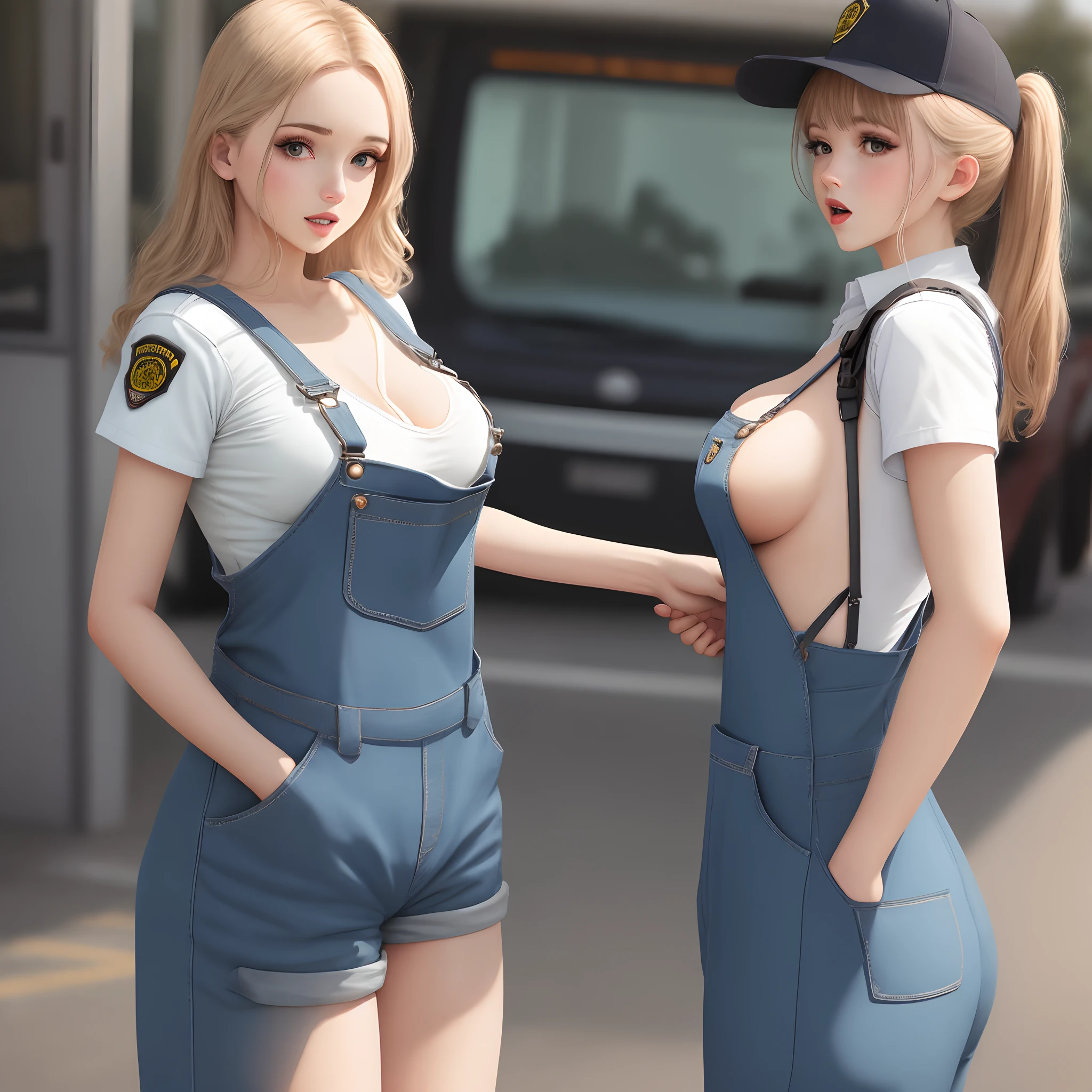 Breasts being pulled over overalls