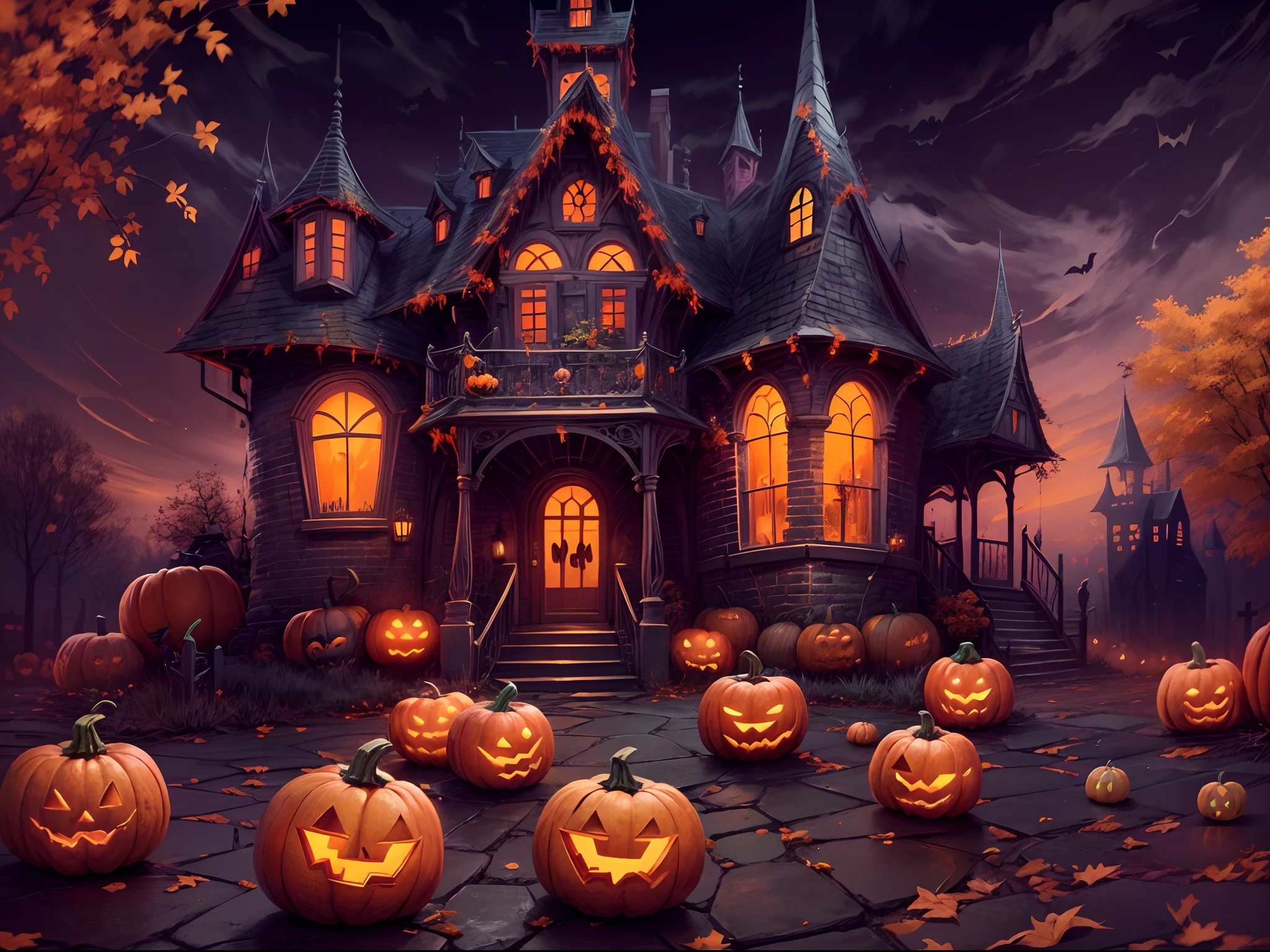 (tmasterpiece),（ultra - detailed：1.3），best qualtiy，（glittery:1.2），（Fantasy Halloween world:1.4），(Halloween in Van Gogh style: 1.5),（Remaining months），(((halloween scene with pumpkins and a creepy castle in the background, halloween scene, halloween atmosphere, spooky halloween night, halloween theme, spooky and scary atmosphere, spooky halloween theme, halloween celebration, halloween night, halloween, halloween art style, haunted house themed, spooky mansion, scary night, background artwork, haunting and spooky, scary magical background, artwork, scary atmosphere))), Fantasy world, Cute cartoon design style, the night，Skysky，Zangetsu，vibrant with colors，brightly，1.4x realism，hyper HD，It is displayed in this beautiful scene，（The is very detailed，reasonable design，Clear lines，High- sharpness，tmasterpiece，offcial art，movie light effect，8K）, , DruidMagicAI, m0nstrcrz