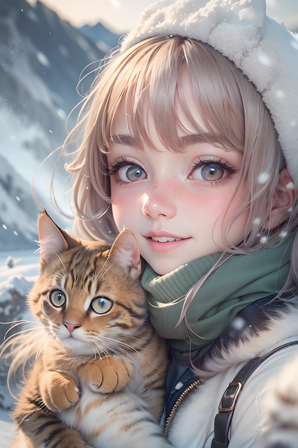 A girl and a cute kitten with round eyes, Ice skating at the ice rink.
