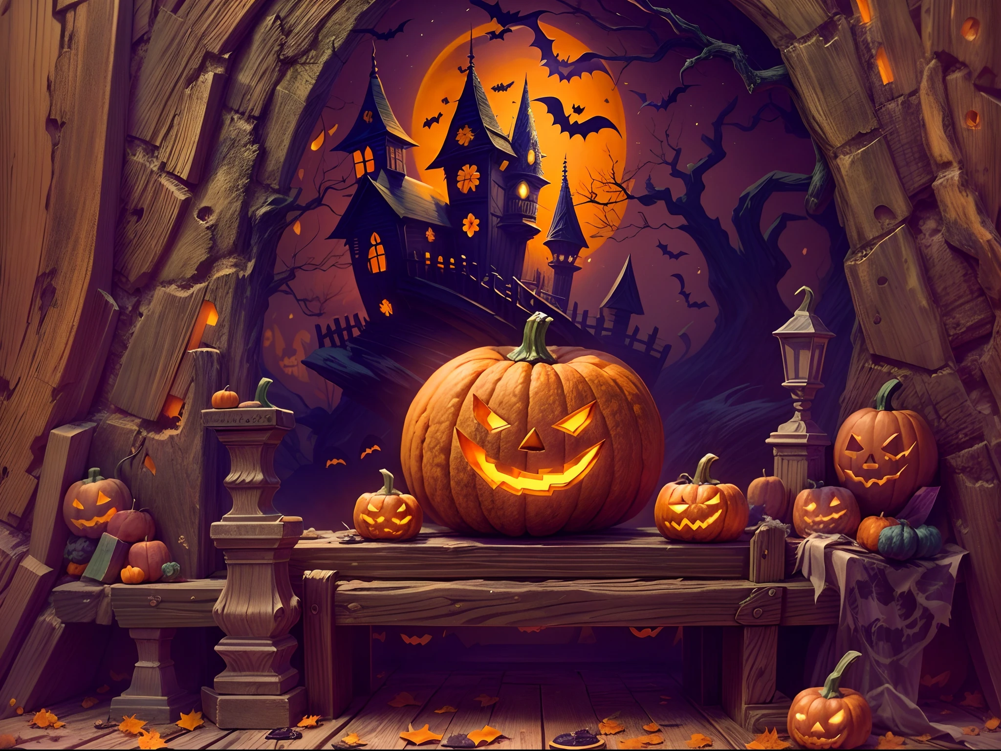 (tmasterpiece),（ultra - detailed：1.3），best qualtiy，（glittery:1.2），（Fantasy Halloween world:1.4），(Halloween in Van Gogh style: 1.5),（Remaining months），(((Delicious sweets，Lovely wizard，Pumpkin monsters，mummy，super heroes, and other Halloween decorations，Halloween scene with pumpkins and creepy castle in the background, halloween scene, halloween atmosphere, spooky halloween night, halloween theme, spooky and scary atmosphere, halloween celebration, halloween night, haunted house themed, spooky mansion, Night of horrors ))), Fantasy world, Cute cartoon design style, the night，Skysky，Zangetsu，vibrant with colors，brightly，1.4x realism，hyper HD，It is displayed in this beautiful scene，（The is very detailed，reasonable design，Clear lines，High- sharpness，tmasterpiece，offcial art，movie light effect，8K）, DruidMagicAI, m0nstrcrz