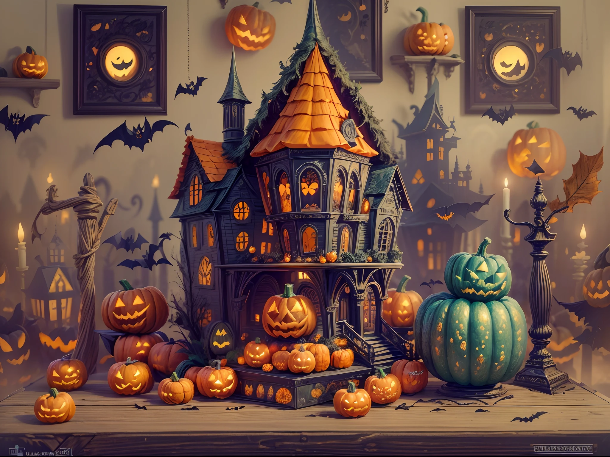 (tmasterpiece),（ultra - detailed：1.3），best qualtiy，（glittery:1.2），（Fantasy Halloween world:1.4），(Halloween in Van Gogh style: 1.5),（Remaining months），(((Delicious sweets，Lovely wizard，Pumpkin monsters，mummy，super heroes, and other Halloween decorations，Halloween scene with pumpkins and creepy castle in the background, halloween scene, halloween atmosphere, spooky halloween night, halloween theme, spooky and scary atmosphere, halloween celebration, halloween night, haunted house themed, spooky mansion, Night of horrors ))), Fantasy world, Cute cartoon design style, the night，Skysky，Zangetsu，vibrant with colors，brightly，1.4x realism，hyper HD，It is displayed in this beautiful scene，（The is very detailed，reasonable design，Clear lines，High- sharpness，tmasterpiece，offcial art，movie light effect，8K）, DruidMagicAI, m0nstrcrz