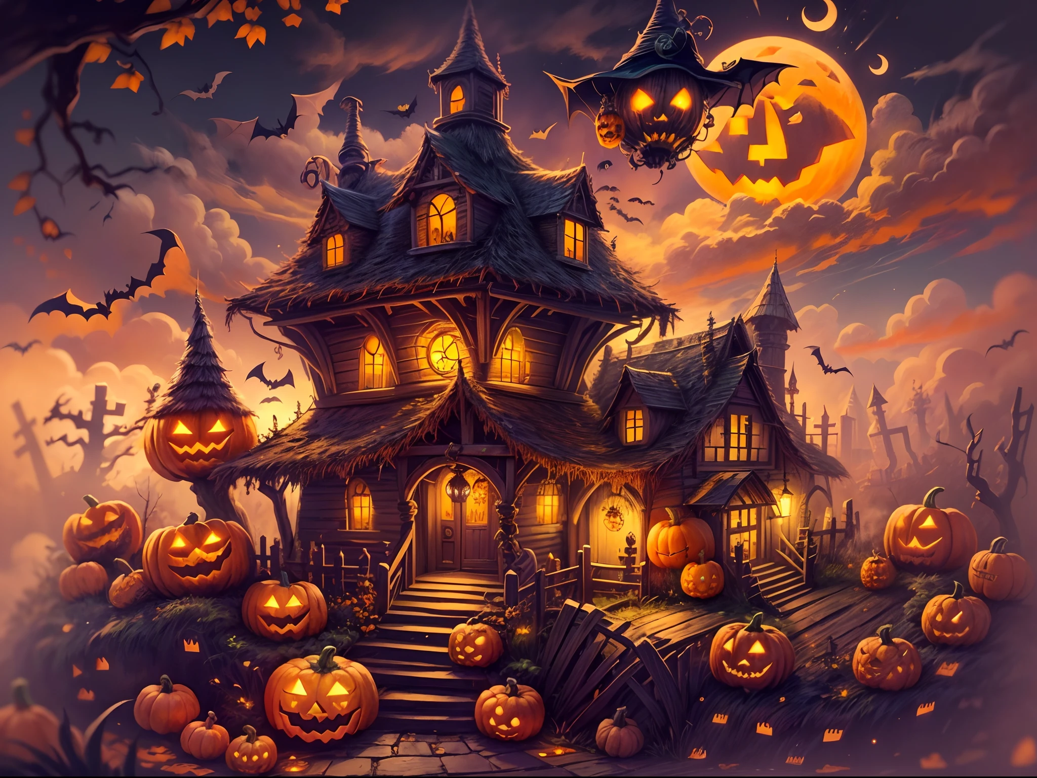 (tmasterpiece),（ultra - detailed：1.3），best qualtiy，（glittery:1.2），（Fantasy Halloween world:1.4），(Halloween in Van Gogh style: 1.5),（Remaining months），(((Delicious sweets，Lovely wizard，Pumpkin monsters，mummy，super heroes, and other Halloween decorations，Halloween scene with pumpkins and creepy castle in the background, halloween scene, halloween atmosphere, spooky halloween night, halloween theme, spooky and scary atmosphere, halloween celebration, halloween night, haunted house themed, spooky mansion, Night of horrors ))), Fantasy world, Cute cartoon design style, the night，Skysky，Zangetsu，vibrant with colors，brightly，1.4x realism，hyper HD，It is displayed in this beautiful scene，（The is very detailed，reasonable design，Clear lines，High- sharpness，tmasterpiece，offcial art，movie light effect，8K）, DruidMagicAI, m0nstrcrz