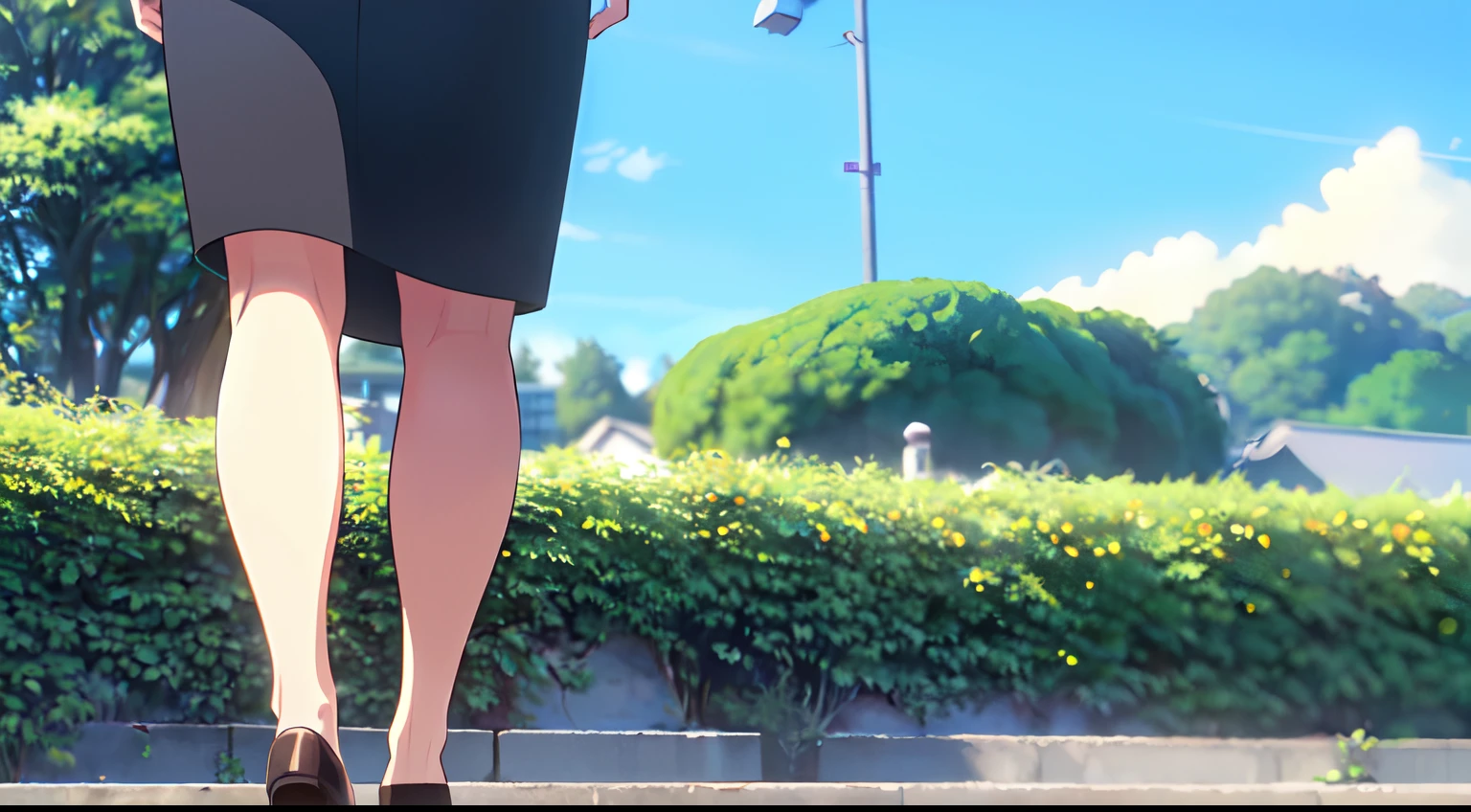 masterpiece, (1girl), (mature lady), (Solo), Really long hair, white hair, light blue eyes, (commander epaulettes black dress), (general hat), outdoors, blue sky, walk to hill and tree, SHINKAI MAKOTO, front view, close up view