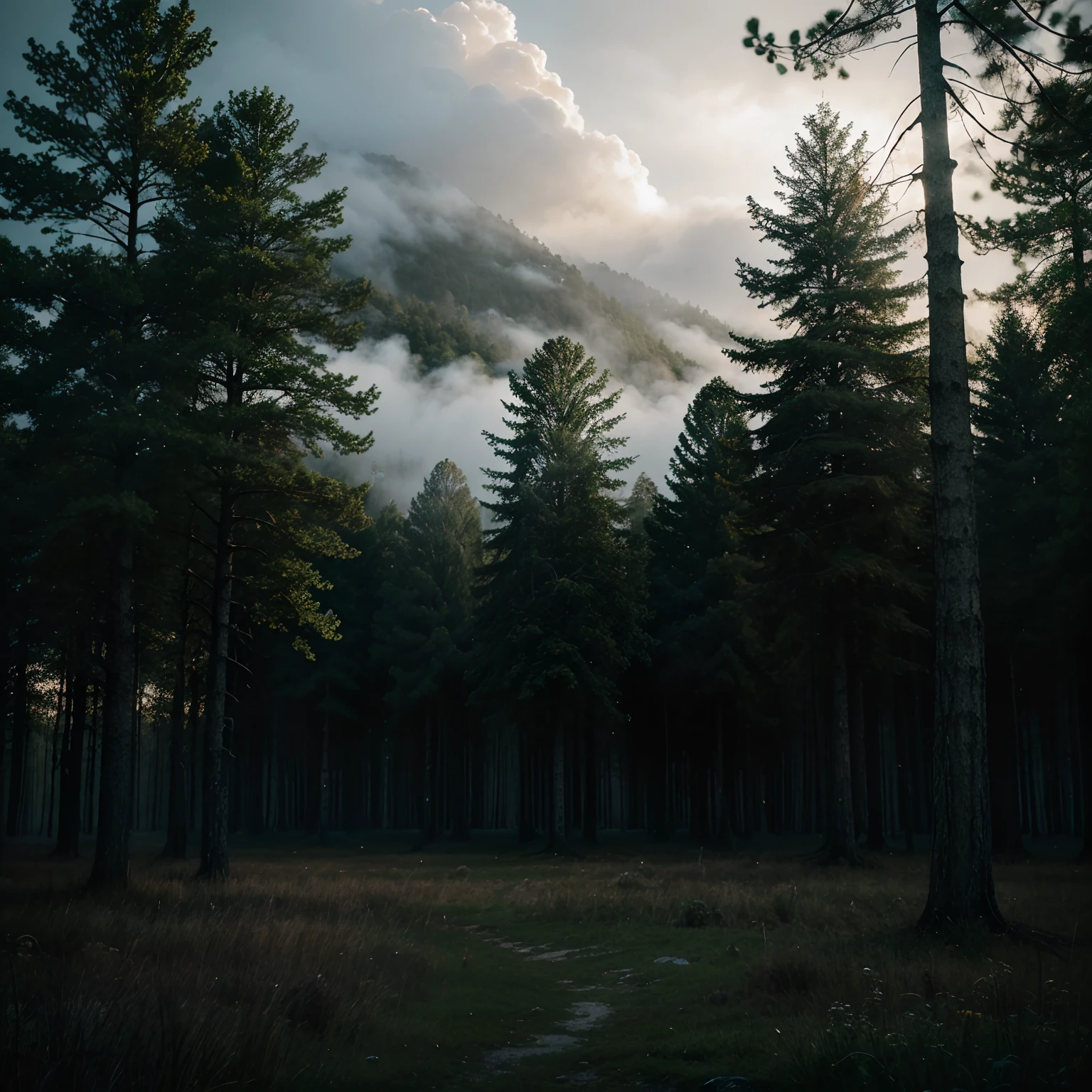 Evening, cloudy, nostalgic, dramatic, detailed forest and fog, detailed trees