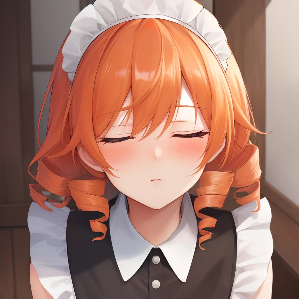 (top-quality), (masterpiece), (hight resolution), (depth of fields), extremely detailed girl, illustratio, foco nítido, 1girl in, 独奏,(foco nítido), simple background, (orange hair), (drill hair), (flipped hair), (Maid headband), (), embarrassed from, Blushing Focus, a closeup, Close both eyes, natta, def1