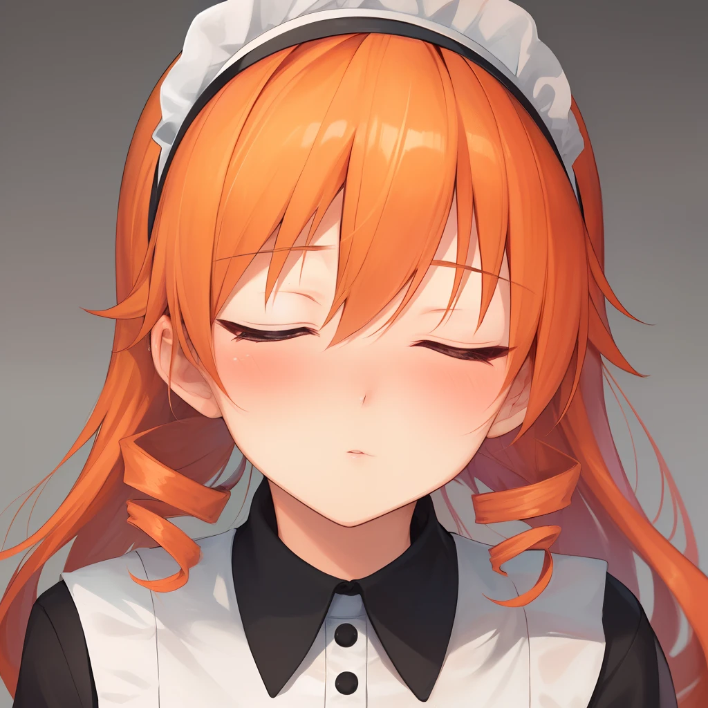 (top-quality), (​masterpiece), (hight resolution), (depth of fields), extremely detailed girl, illustratio, foco nítido, 1girl in, 独奏,(foco nítido), simple background, (orange  hair), (drill hair), (flipped hair), (Maid headband), (), embarrassed from, Blushing Focus, a closeup, Close both eyes, natta, def1