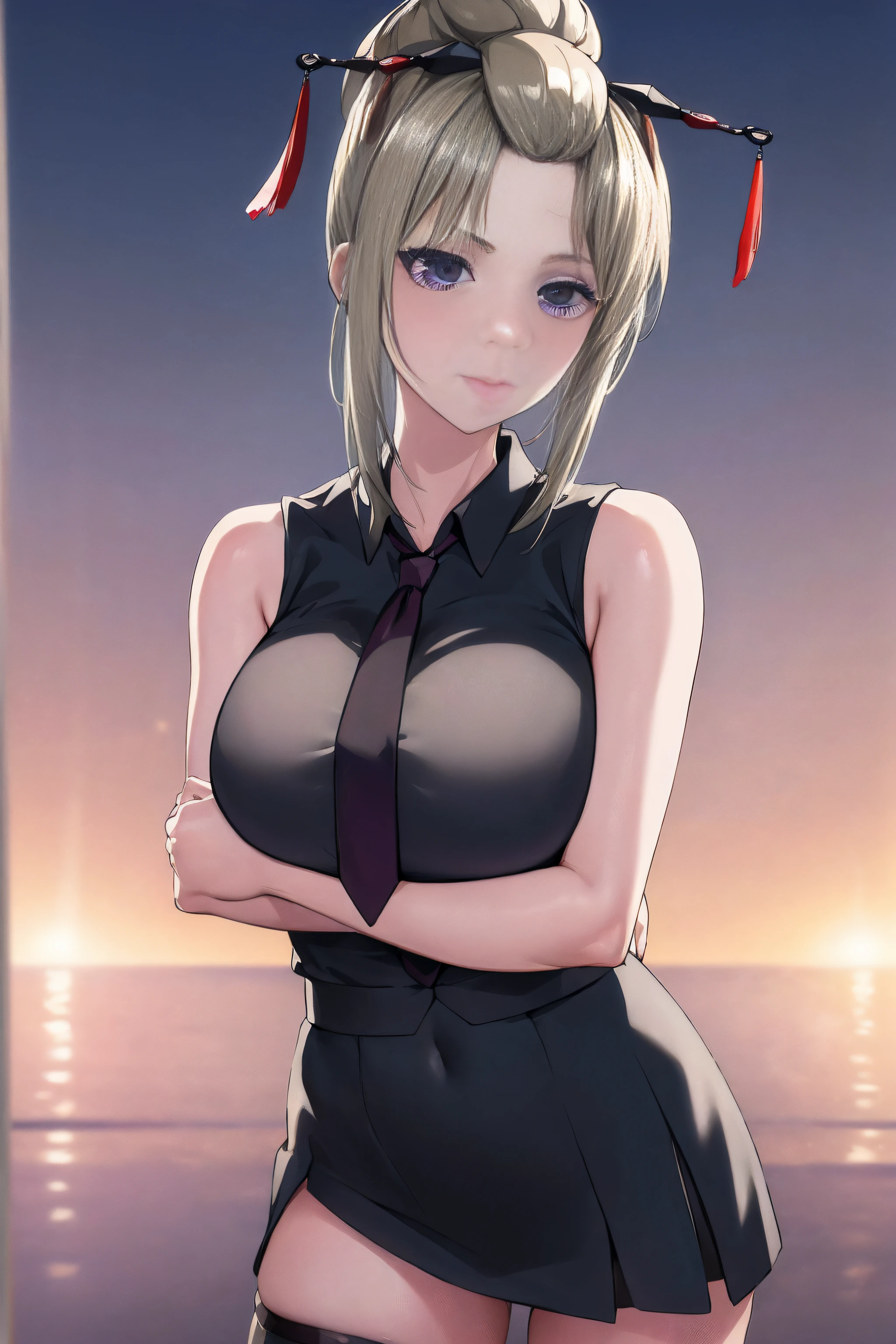 (masterpiece, best quality:1.2), cowboy shot, solo, 1girl, tsukuyo, scar on cheek, expressionless, closed mouth, looking at viewer, crossed arms, folded ponytail, hair ornament, purple eyes,bare shoulders, black necktie, black thighhighs, miniskirt, navel, necktie, shirt, sleeveless, sleeveless shirt,NSFW,official art,extremely detailed CG unity 8k wallpaper, perfect lighting, (masterpiece:1.0),(best_quality:1.0), ultra high res,4K,ultra-detailed, photography, 8K, HDR, highres, absurdres:1.2, Kodak portra 400, film grain, blurry background, bokeh:1.2, lens flare, (vibrant_color:1.2),(beautiful_face:1.5),(narrow_waist),(perfect hands, perfect anatomy),