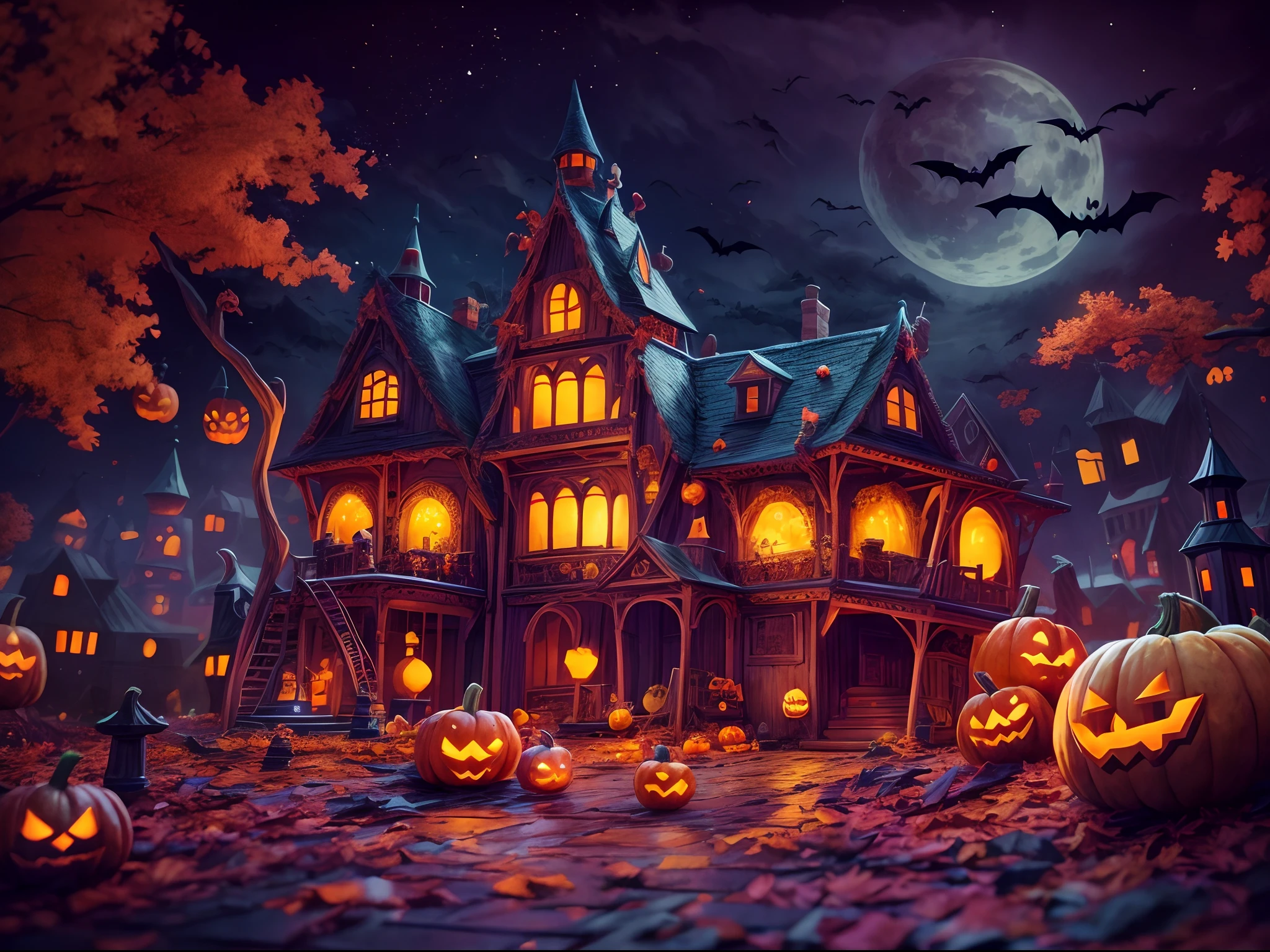 (Tilt-Shift:1.4), Delicious sweets,Lovely wizard,Pumpkin monsters,mummy,super heroes, and other Halloween decorations,Halloween scene with pumpkins and creepy castle in the background, halloween scene, halloween atmosphere, spooky halloween night, halloween theme, spooky and scary atmosphere, halloween celebration, halloween night, haunted house themed, spooky mansion, Night of horrors, Fantasy world, Cute cartoon design style, the night,Skysky,Zangetsu,vibrant with colors,brightly,1.4x realism,hyper HD,It is displayed in this beautiful scene, (extremely colorful, Best quality, high detailed, Masterpiece, Cinematic Lighting, 4K, Chiaroscuro)