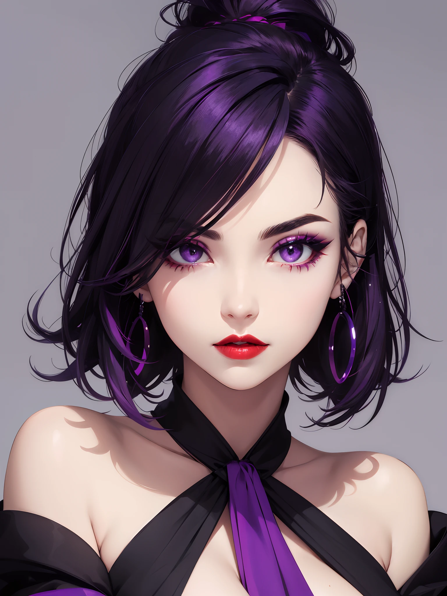1 gilr, red lips, eyebrows, purple eyeshadow, tied hair, black dress, black Gradation purple, purple eyes, milf