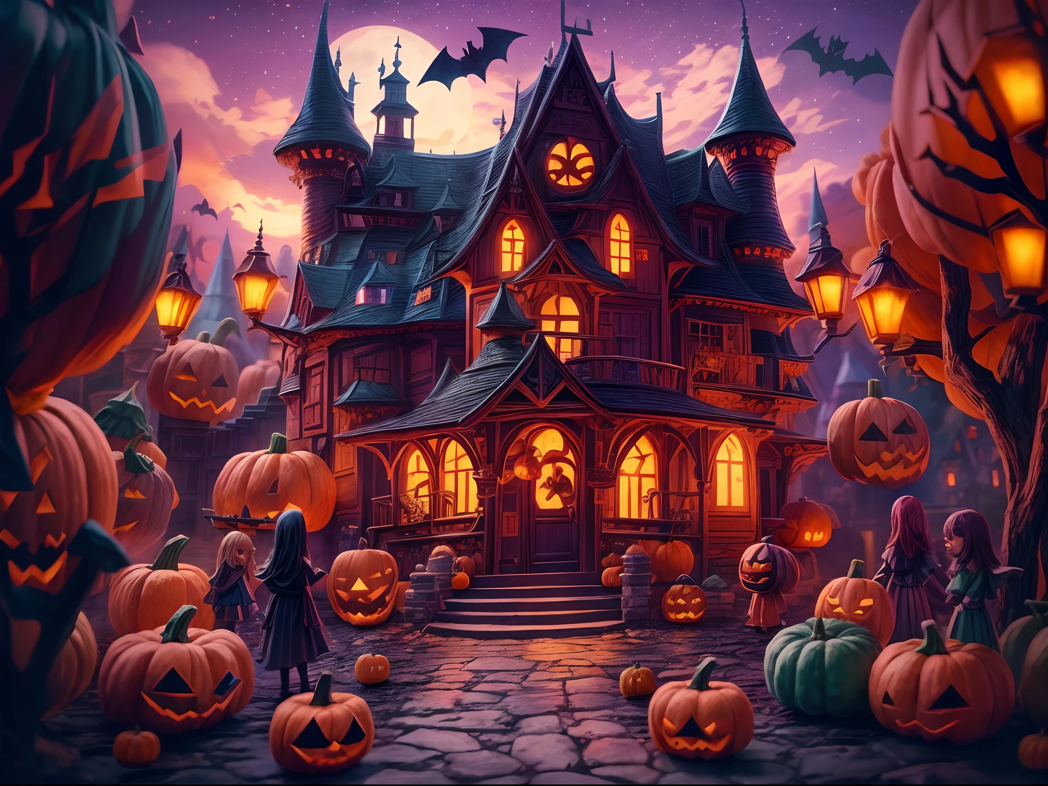 (Tilt-Shift: 1.4), (Delicious sweets，Cute girl wizard，Pumpkin monsters，mummy)，super heroes, and other Halloween decorations，Halloween scene with pumpkins and creepy castle in the background, halloween scene, halloween atmosphere, spooky halloween night, halloween theme, spooky and scary atmosphere, halloween celebration, halloween night, haunted house themed, spooky mansion, Night of horrors, Fantasy world, Cute cartoon design style, the night，Skysky，Zangetsu，vibrant with colors，brightly，1.4x realism，hyper HD，It is displayed in this beautiful scene, (extremely colorful, Best quality, high detailed, Masterpiece, Cinematic Lighting, 4K, Chiaroscuro)