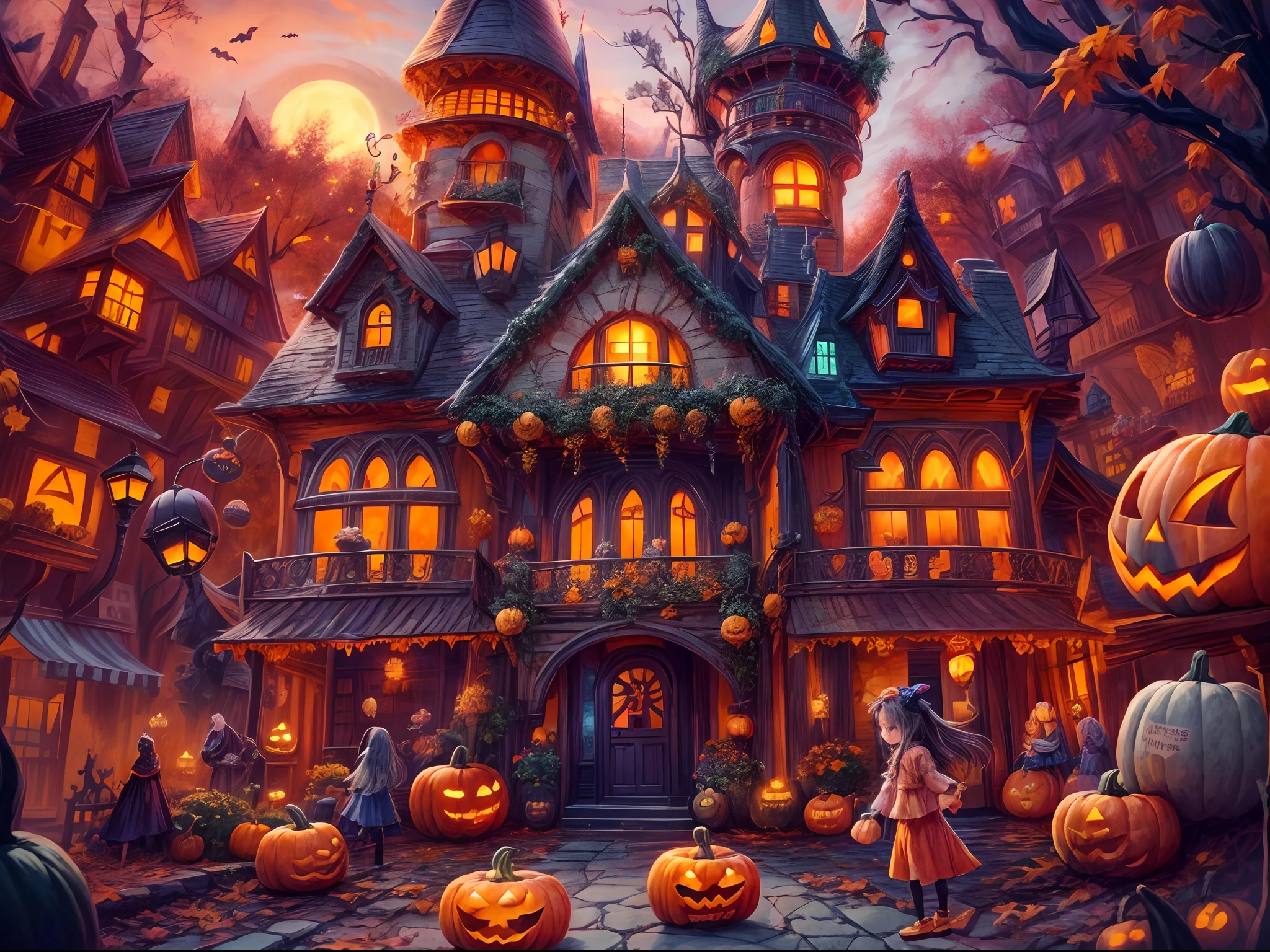 (Tilt-Shift: 1.4), (Delicious sweets,Cute girl wizard,Pumpkin monsters,mummy),super heroes, and other Halloween decorations,Halloween scene with pumpkins and creepy castle in the background, halloween scene, halloween atmosphere, spooky halloween night, halloween theme, spooky and scary atmosphere, halloween celebration, halloween night, haunted house themed, spooky mansion, Night of horrors, Fantasy world, Cute cartoon design style, the night,Skysky,Zangetsu,vibrant with colors,brightly,1.4x realism,hyper HD,It is displayed in this beautiful scene, (extremely colorful, Best quality, high detailed, Masterpiece, Cinematic Lighting, 4K, Chiaroscuro)