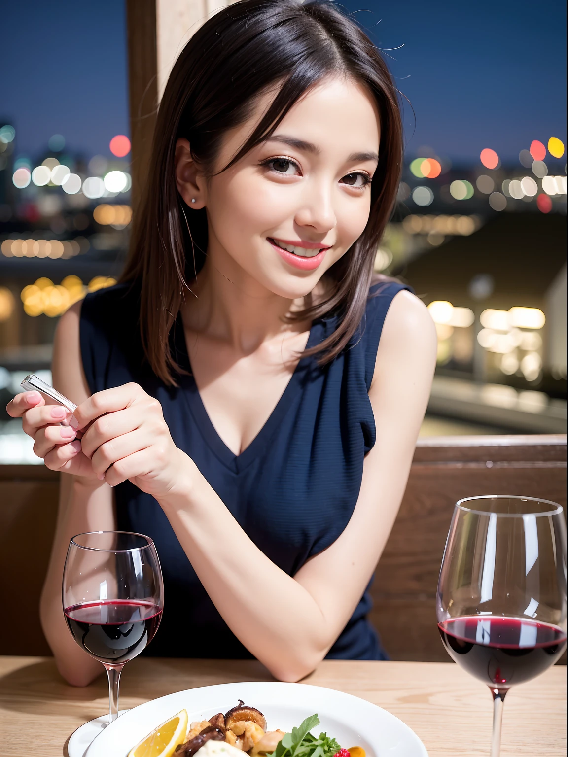 (64K, UHD, top quality, masterpiece: 1.2), (realistic, photorealistic: 1.37), super detailed, pretty woman 1 person, (slim face), (slim body), (brown hair), (short cut), cheeks slightly blushing, (44 years old), 38 years old, solo, beautiful detailed urban night view outside the window, restaurant, wine glasses sit, at night, in a prominent placeNovaFrogStyle, Actress, Model, Waist Up, White Wine, Slim, Wine Glass, Super Clean Night View, Wine Glass Put in the Middle, Happy Smile, (Smile: 1.15), Beautiful Fine Eyes, Upper Body, Bust Japan Up, Night, Short, Short, Actress, Model, Waist Up, White Wine, Slim, Wine Glass, Super Clean Night View, Wine Glass Put in the Middle, Happy Smile,