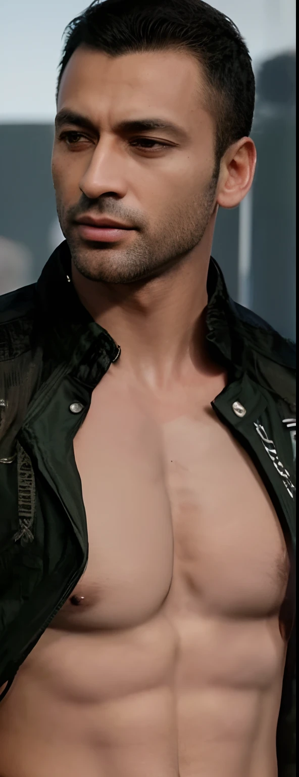 um close up de um homem vestindo uma jaqueta de couro e uma camisa, not shirt :: High detail, pele de detalhes extremos, pele de alto detalhe, Detalhes extremamente realistas, detalhes hiper realistas, Detalhe hiper realista, detalhes mais realistas, pele altamente detalhada, close up tiro de meio corpo, detalhes da textura da pele, parte superior detalhada do corpo, Detalhe Ultra Realista, ultra alto detalhe ultra realismo