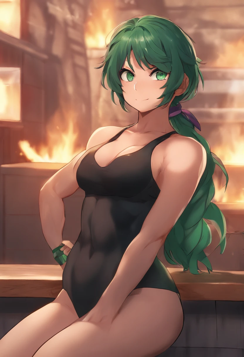 horikoshi kouhei, 1girl, absurdres, Lady Nagant, bare shoulders, black crop top, Green hair, blurry, blurry background, boku no hero academia, chama kou, highres, , female focus, muscular, muscular female, smirking, green eyes, long hair, man bun, sweat, tank top, twitter username, wiping sweat, freckles , flame embers coming off body, giant boobs, izuku midoriya