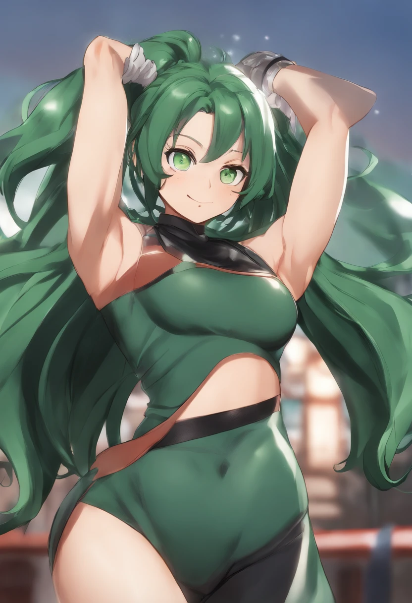 horikoshi kouhei, 1girl, absurdres, Lady Nagant, bare shoulders, black crop top, Green hair, blurry, blurry background, boku no hero academia, chama kou, highres, , female focus, muscular, muscular female, smirking, green eyes, long hair, man bun, sweat, tank top, twitter username, wiping sweat, freckles , flame embers coming off body, giant boobs, izuku midoriya