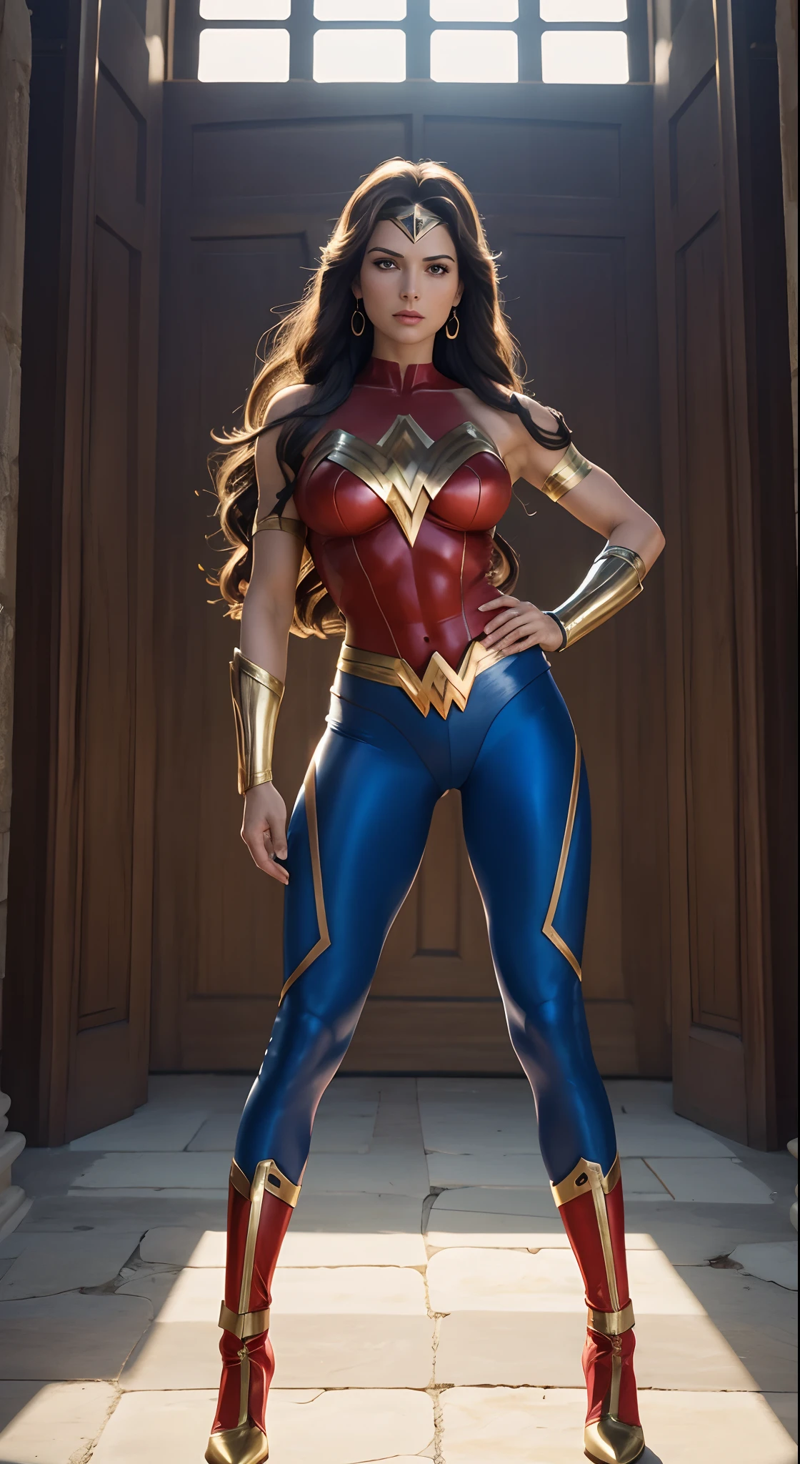Anita Gucciardi, 29 anos, as the Superheroine Wonder Woman, in a red bodysuit with bright blue pants, cinto dourado, gauntlets de ouro, tiara dourada, golden armlets, strong facial expression, mulher determinada, look-at-camera, olhos azuis, cabelos pretos, hair with long braids, Cabelos Longos, Botas em Zuis, Curvilinear athletic body, musculatura definida, defined buttocks, Coxas grossas e musculosas, Front view, perspectiva de corpo inteiro, Classical Greek architecture, raios de luz
