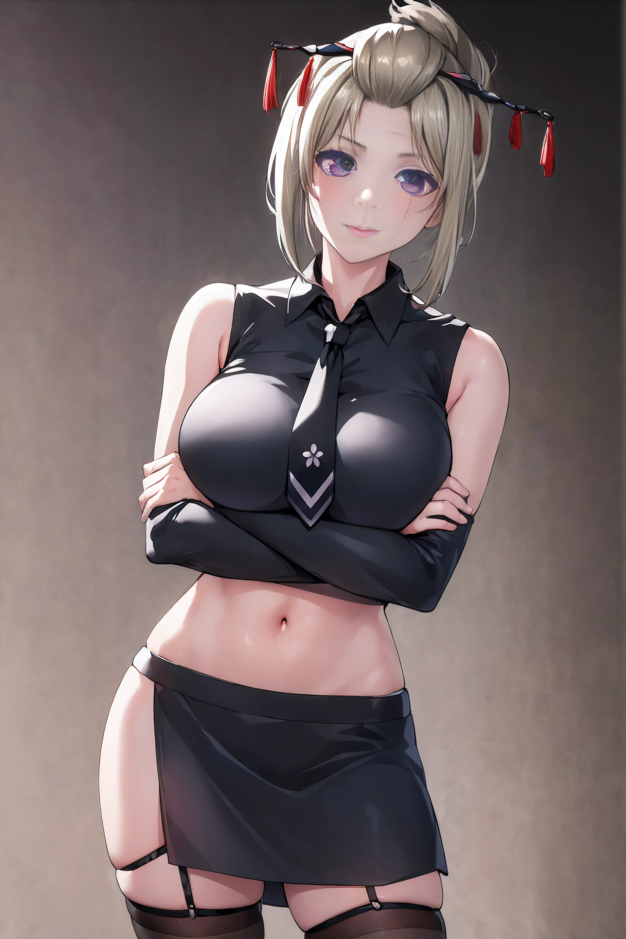(masterpiece, best quality:1.2), cowboy shot, solo, 1girl, tsukuyo, scar on cheek, expressionless, closed mouth, looking at viewer, crossed arms, folded ponytail, hair ornament, purple eyes,bare shoulders, black necktie, black thighhighs, miniskirt, navel, necktie, shirt, sleeveless, sleeveless shirt,NSFW,official art,extremely detailed CG unity 8k wallpaper, perfect lighting, (masterpiece:1.0),(best_quality:1.0), ultra high res,4K,ultra-detailed, photography, 8K, HDR, highres, absurdres:1.2, Kodak portra 400, film grain, blurry background, bokeh:1.2, lens flare, (vibrant_color:1.2),(beautiful_face:1.5),(narrow_waist),(perfect hands, perfect anatomy),