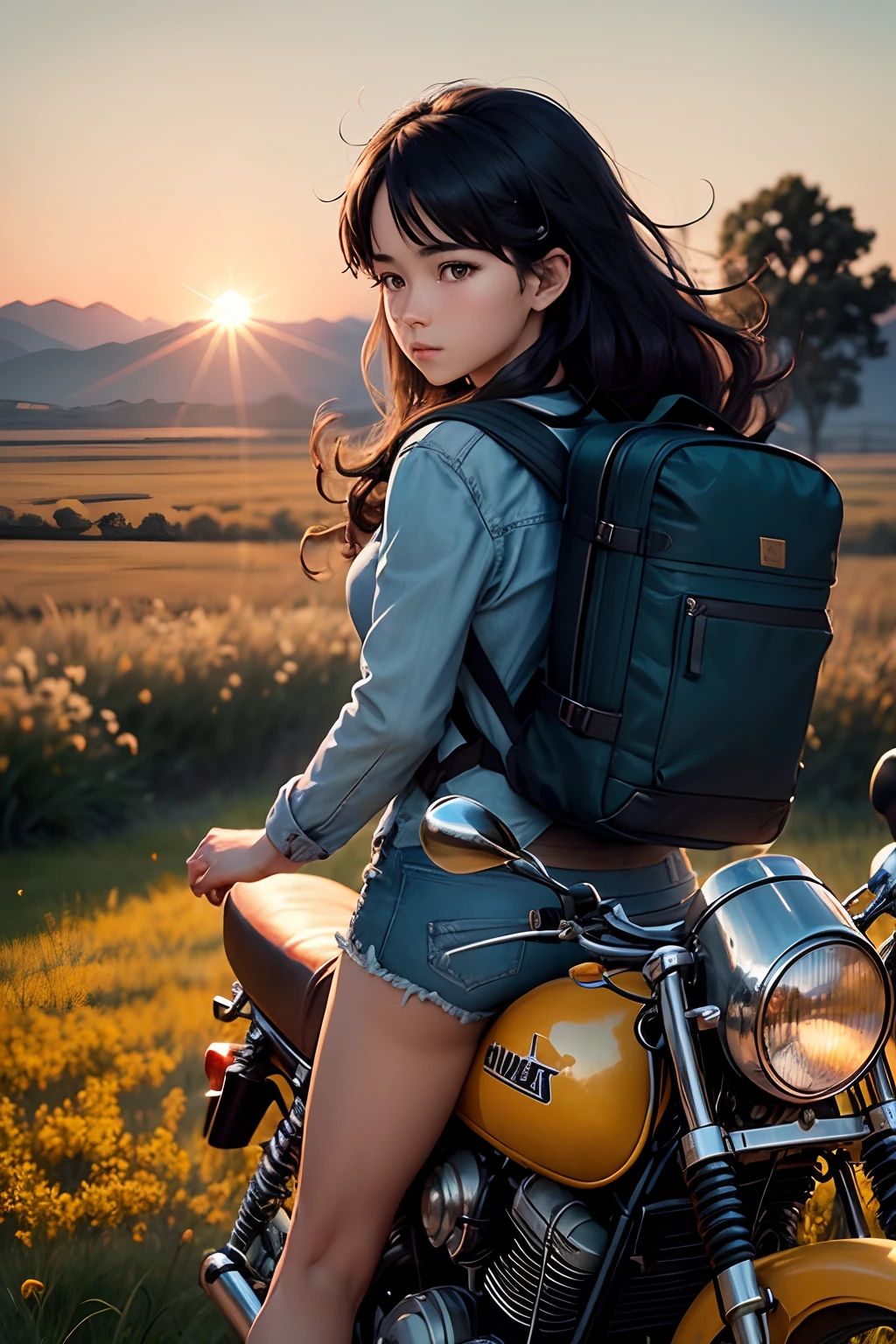 Lofi girl riding on a vintage motorbike, riding toward camera, foreground, eyes locked to camera, Makoto Shinkai style, trending on ArtStation, UHD::1.5 centered composition at sunset in country lane with rustic charm:: Warm lighting, long shadows, telephoto lens:: hands, fingers::-0.5 --ar 16:9 --niji --style scenic (Full of tension, full of dramatic picture), (vast sky), (beautiful skyline), (large grassland), (high hanging North Star), (colorful natural light), (long-sleeved top), (denim Shorts),(girl, carrying a backpack),(black hair),(slightly curly hair),(back view),(silhouette in the sun):(0.8), (moving visual effect),(large area of grass), (Flowers in the grass), (NASA-level stars), (fresh, natural lighting), (a new moon), (beautiful sunrise), (dynamic photographer's angle): (scenery details) ,(Brightly colored landscape),(Clear and sharp depth of field),(Pure blue sky): (0.5)
