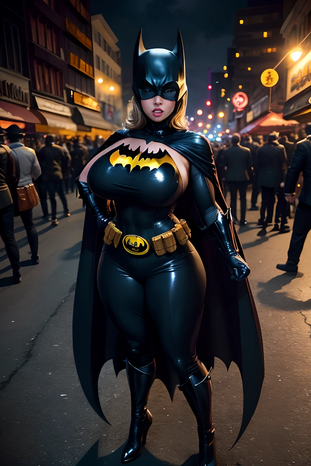 full body shot wide angled view, looking at the viewer, Batman as a mature bimbo on the crowded street of Halloween Night, gigantic breast, cleavage, action pose, fully clothed costume, giga_busty