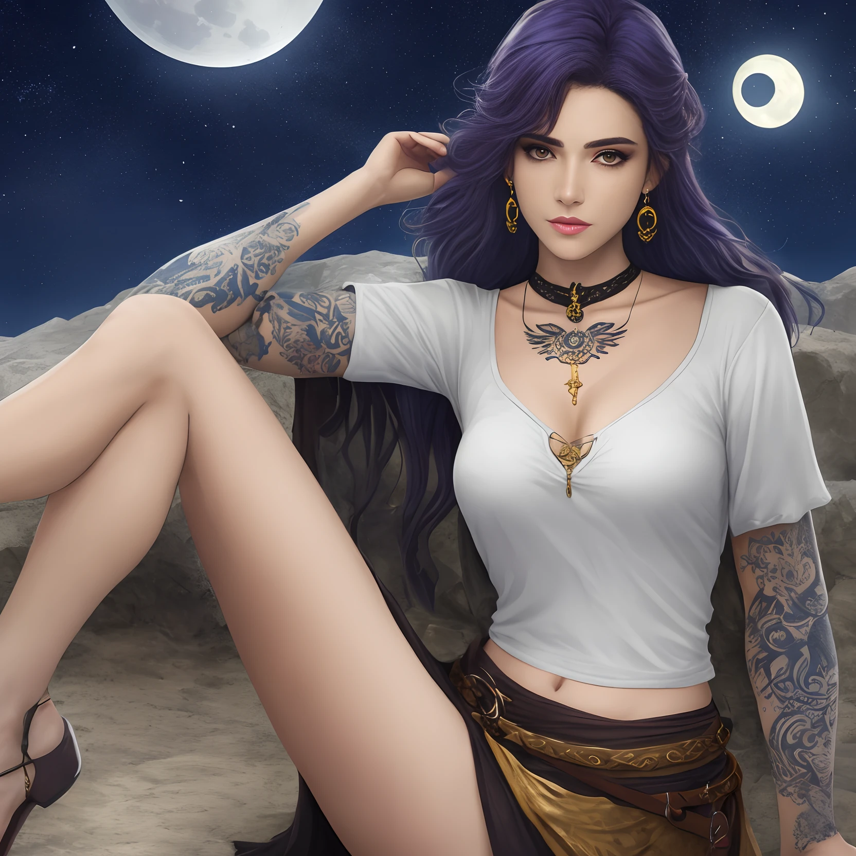 Criar uma personagem loira, with a small waning moon tattoo on her neck, piercing no nariz e na sombracelha, blusa regata.