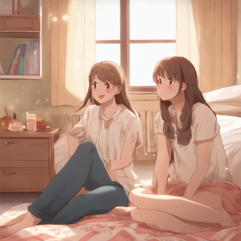 Absurd resolution, high resolution, (masterpiece: 1.4), super detailed, (((detailed face, detailed expression)), two girls, girl and girl, friends, best friends, classmates, relaxing, ponytail, bob, sitting on bed, sitting on the floor, two people conversing, background in room, friends, best friend, home, 1K, small room, curtains, bed, TV, desk, room wear, kyoto animation, The atmosphere of Kyoto Animation, (tearful)
