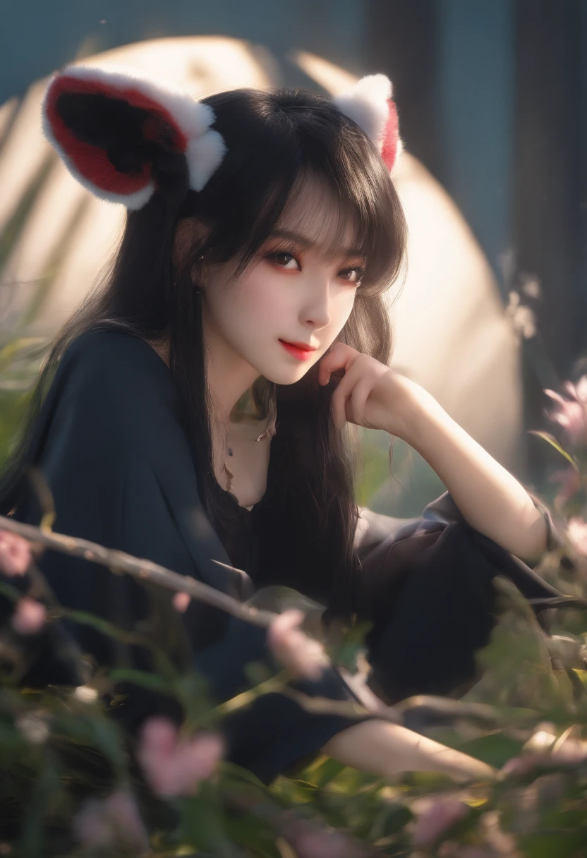 black hair, hair bobbles, wince, longeyelashes, solid circle eyes, fake animal ears, light smile, ear blush, fang, Surrealism, drop shadow, anaglyph, stereogram, tachi-e, pov, atmospheric perspective, 8k, super detail, ccurate, best quality