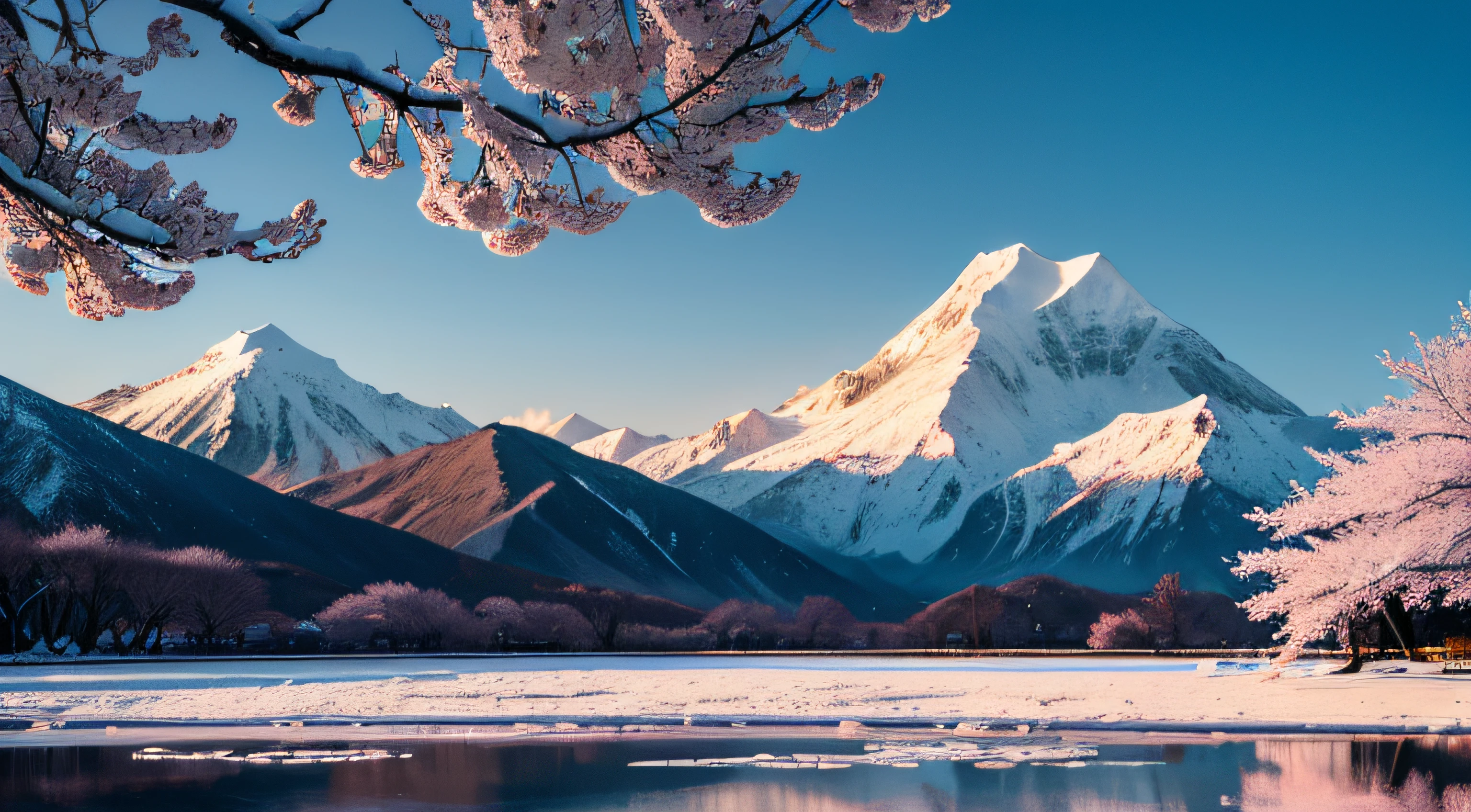early morning, The Light of the Rising Sun, Cherry blossoms in snow-capped mountains
