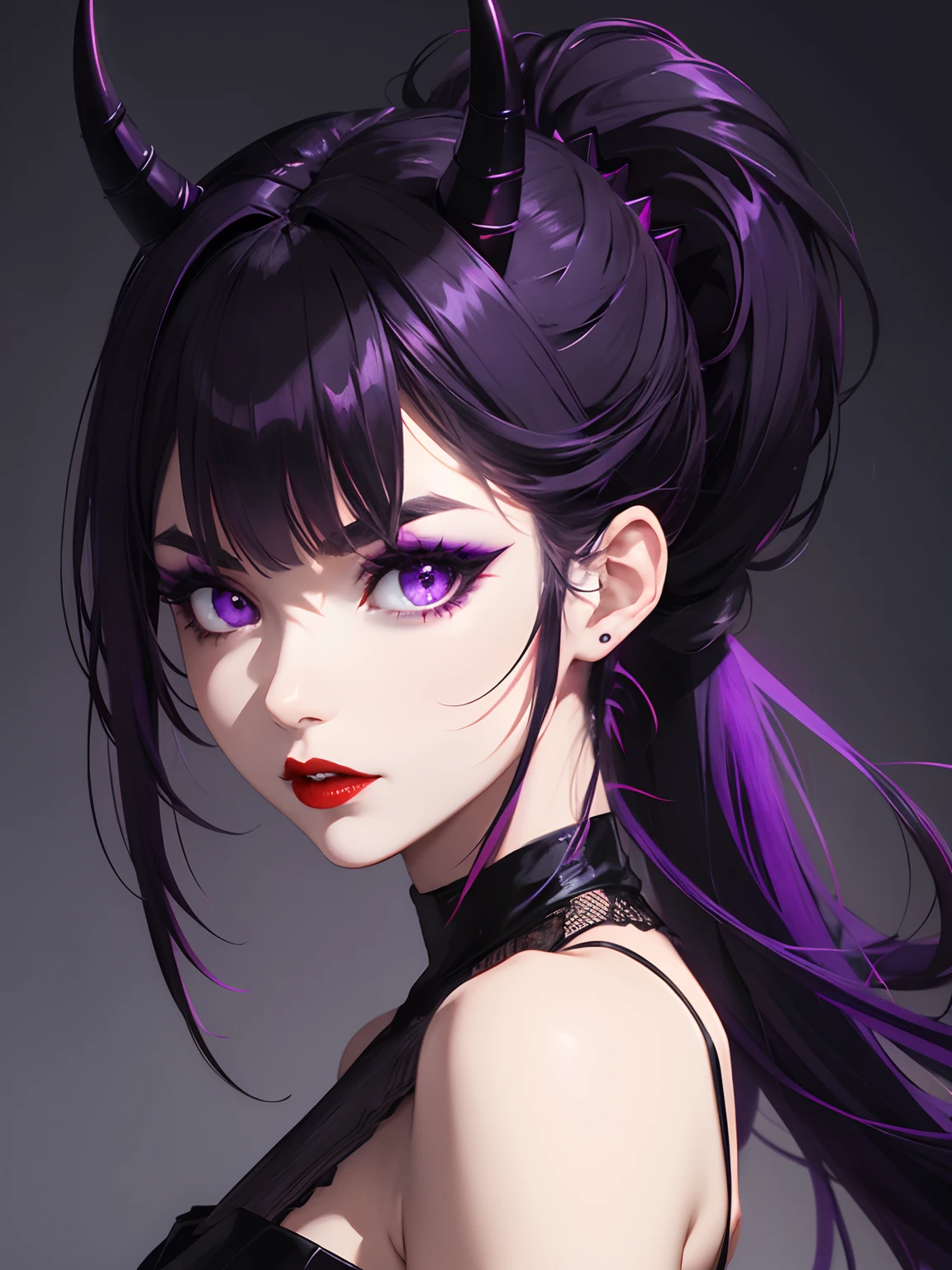 1 gilr, red lips, eyebrows, purple eyeshadow, ponytail hair, black dress, black Gradation purple, purple eyes, Horn, demon, love pupil