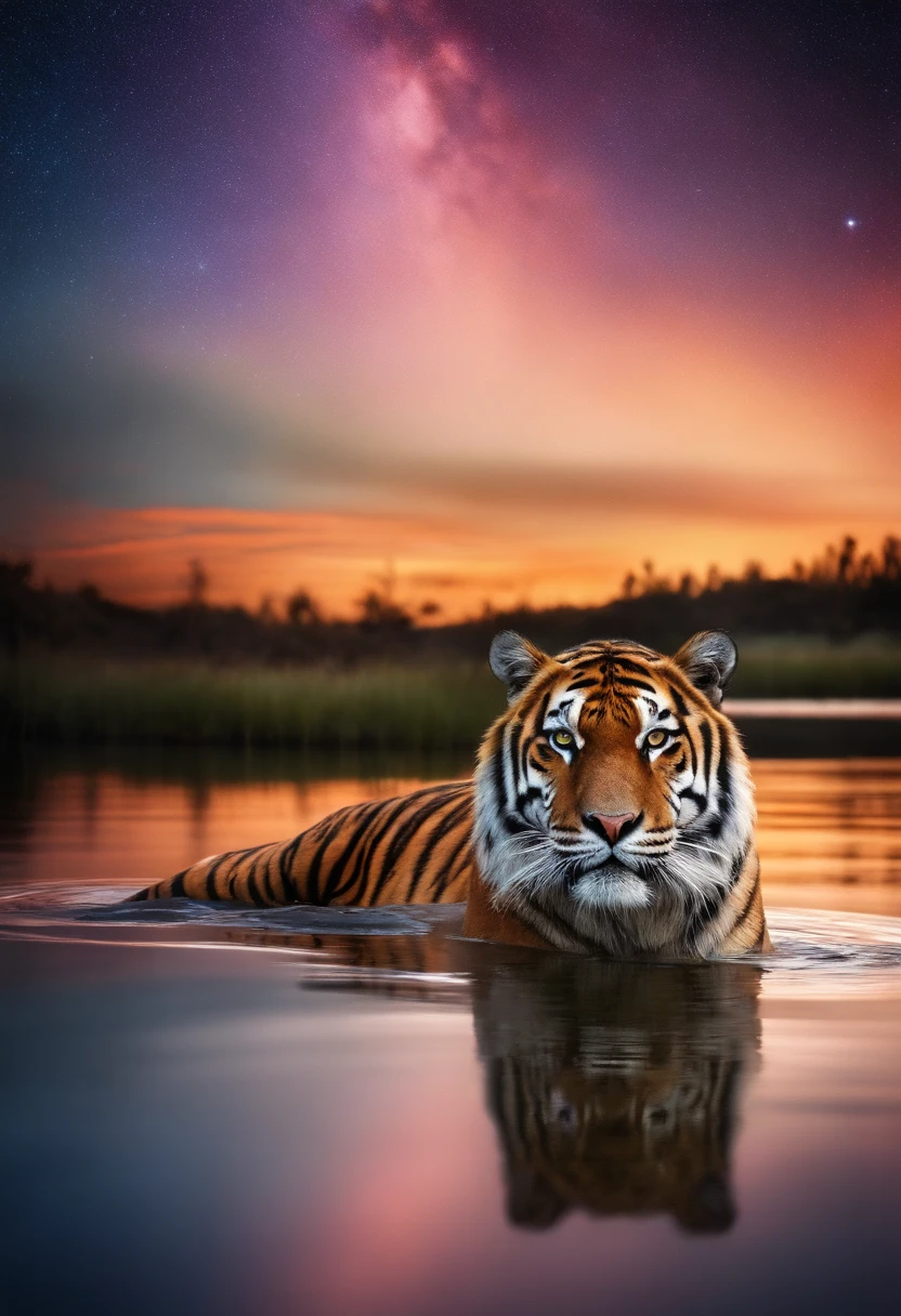 detailed tiger,night scene,serene atmosphere,vibrant colors,subtle lighting,artistic brushstrokes,ethereal beauty,saturated tones,mesmerizing,Aurora effect,starlit sky,reflection in water,majestic,hypnotic,striking composition,captivating.
