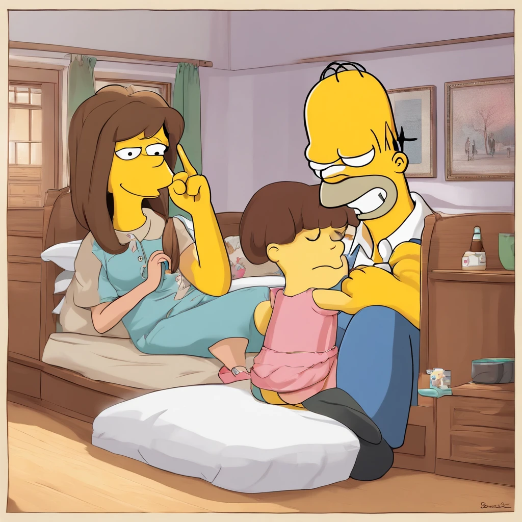 Absurd resolution, high resolution, (masterpiece: 1.4), super detailed, (((detailed face, detailed expression)), two girls, girl and girl, friends, best friends, classmates, relax, ponytail, bob, sitting on bed, sitting on the floor, two are talking, background is in the room, friends, best friend, home, 1K, small room, curtains, bed, TV, desk, sweets, Talk about travel with friends, gathering, fun, smile, room wear, Kyoto animation, Kyoto animation atmosphere, glitter, brilliance, homer simpson throwing up blood gang sign in front of a colorful wall