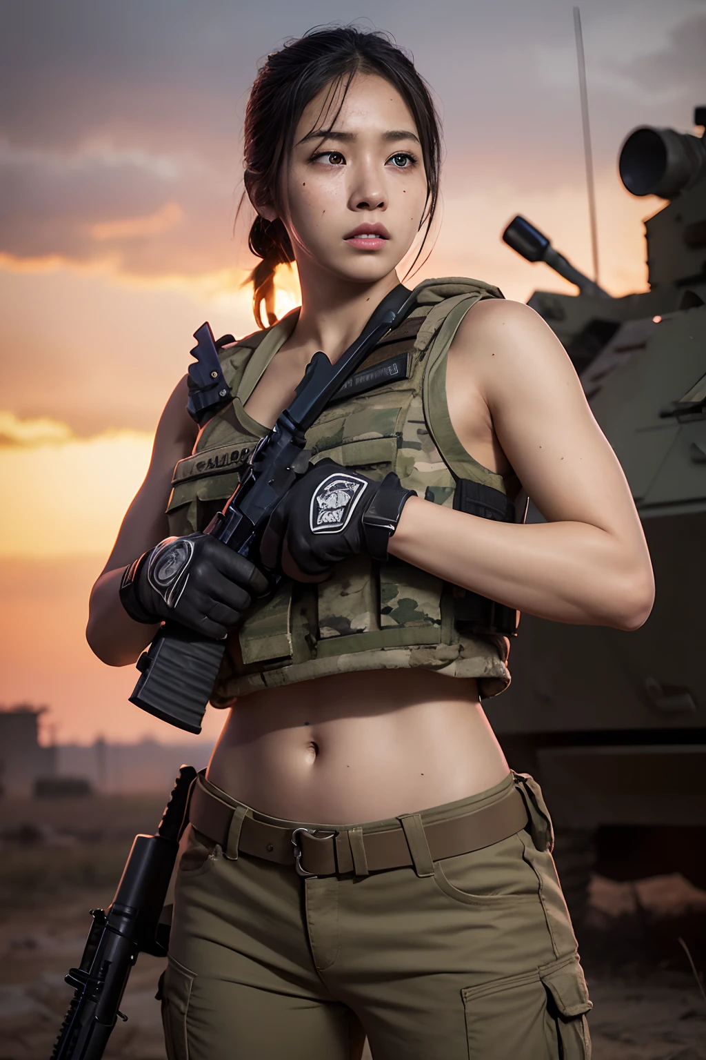 24 year old, Filipino Woman, tanned bronze skin, wearing USA marine corps uniform, fighting on the battlefield, strong muscles, world war, modern war theme, army girl, rifle, (holding a rifle: 1.3), (aiming and holding rifle: 1.3), soldier girl, infantry girl, shootout, air raid, air strike, military, camouflage uniform, burning vehicle, warzone, battlefield, war, ruins, explosion, burning city, smoke, torn tank top, belly button, gloves, torn military pants, face stained with mud and blood, sweaty skin, bloody skin, mud-stained skin, small, cleavage, expression of determination, rigorous expression, highest quality, ultra-high resolution, absurdity, realistic, physically based rendering, cinematic lighting, complex and cinematic appearance, cinematic soft light, soothing tone, battlefield background, urban war background, photorealistic, cowboy shot, dynamic angle