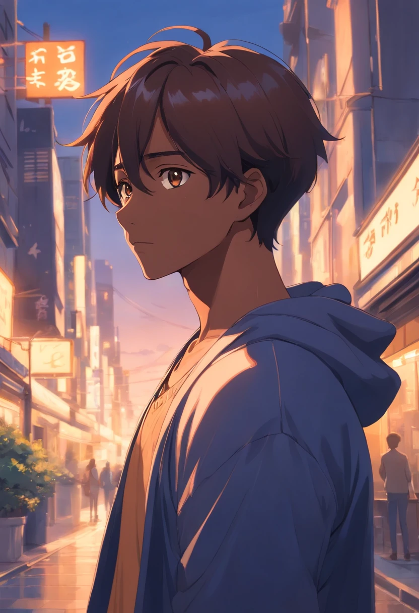 Jeune homme, cheveux longs et blancs, yeux brown, dark skinned, cardigan, oreilles de lapin