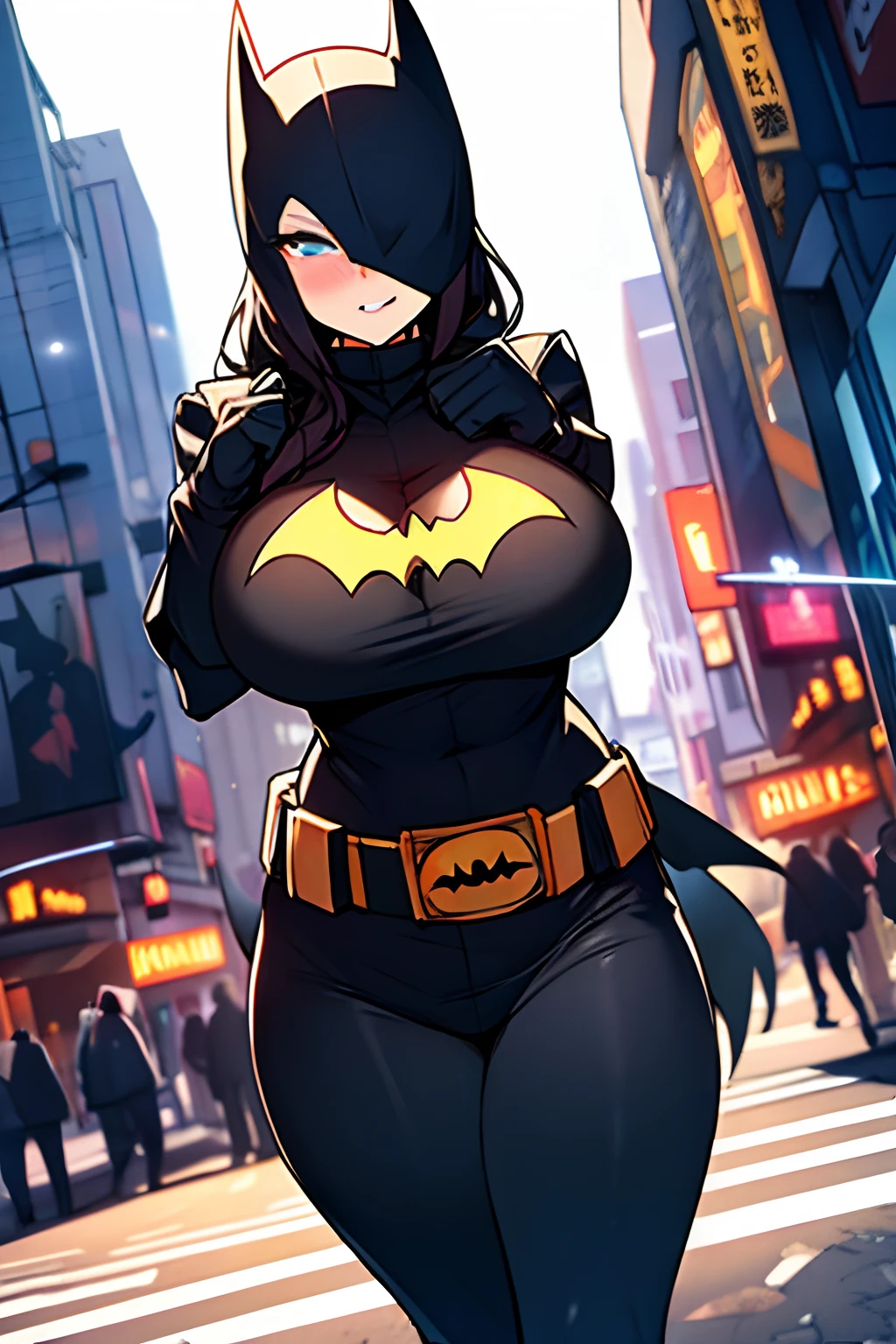 full body shot wide angled view, looking at the viewer, Batman as a mature bimbo on the crowded street of Halloween Night, gigantic breast, cleavage, action pose, fully clothed costume, giga_busty