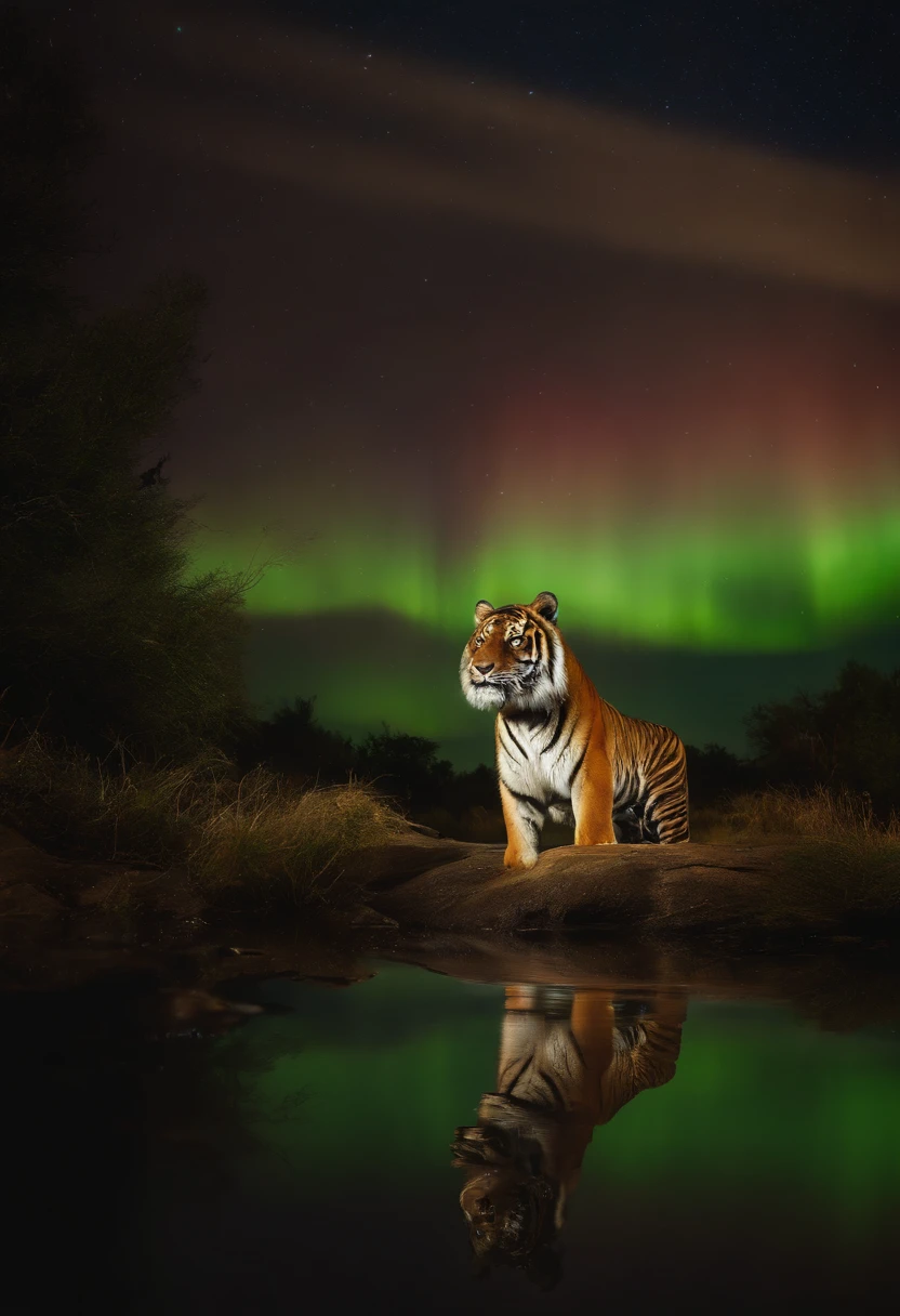 detailed tiger,night scene,serene atmosphere,vibrant colors,subtle lighting,artistic brushstrokes,ethereal beauty,saturated tones,mesmerizing,Aurora effect,starlit sky,reflection in water,majestic,hypnotic,striking composition,captivating.