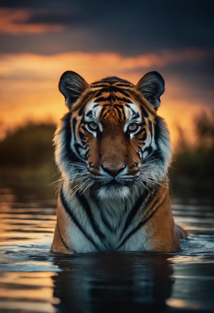 detailed tiger,night scene,serene atmosphere,vibrant colors,subtle lighting,artistic brushstrokes,ethereal beauty,saturated tones,mesmerizing,Aurora effect,starlit sky,reflection in water,majestic,hypnotic,striking composition,captivating.