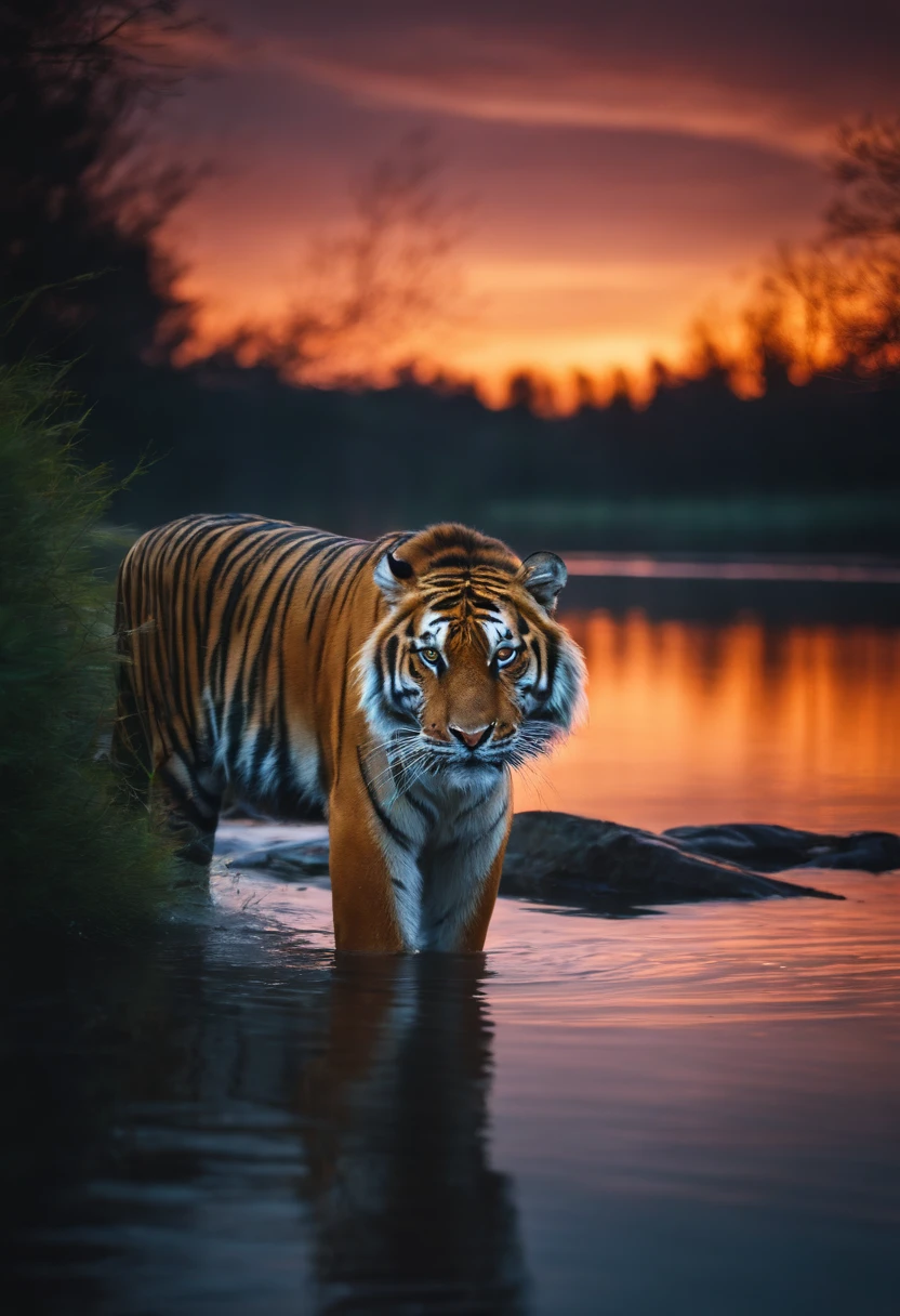 detailed tiger,night scene,serene atmosphere,vibrant colors,subtle lighting,artistic brushstrokes,ethereal beauty,saturated tones,mesmerizing,Aurora effect,starlit sky,reflection in water,majestic,hypnotic,striking composition,captivating.