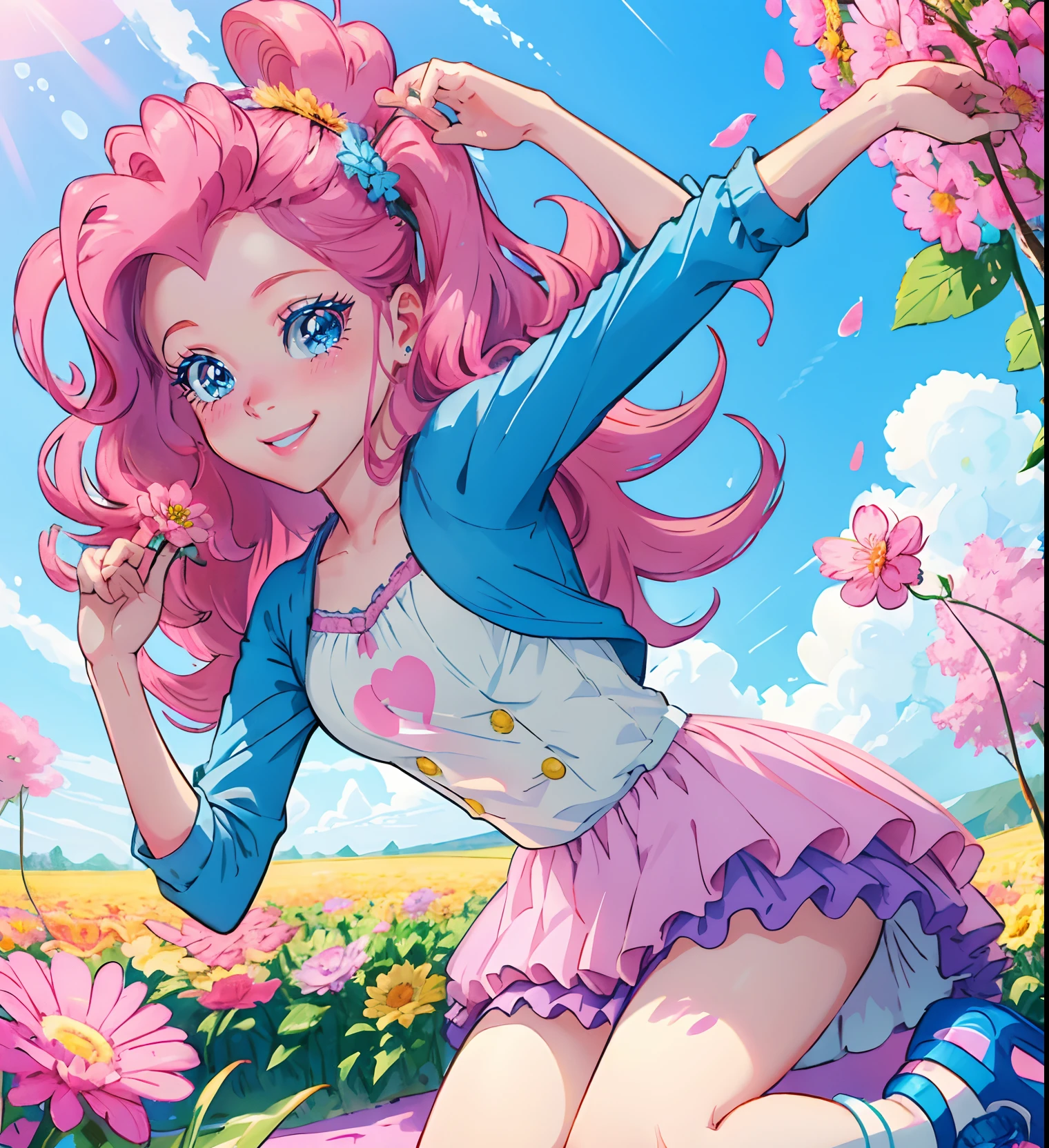 My little pony pinkie pie, pinkie pie, pinkie pie in the form of a girl, long dark pink hair, blue eyes, long pink and blue frilly dress, white frilly thigh high, small pink heels, blue sky, pink clouds, sitting in a pink and blue flower field, staring at viewers, (light pink skin 1.5), soft blush, happy smile, soft smile, holding flowers, balloons flying everywhere, ((sunrise 2.0)), highly detailed lighting, yellow light, in a beautiful flower field, pink and blue flowers everywhere, blue eyeshadow