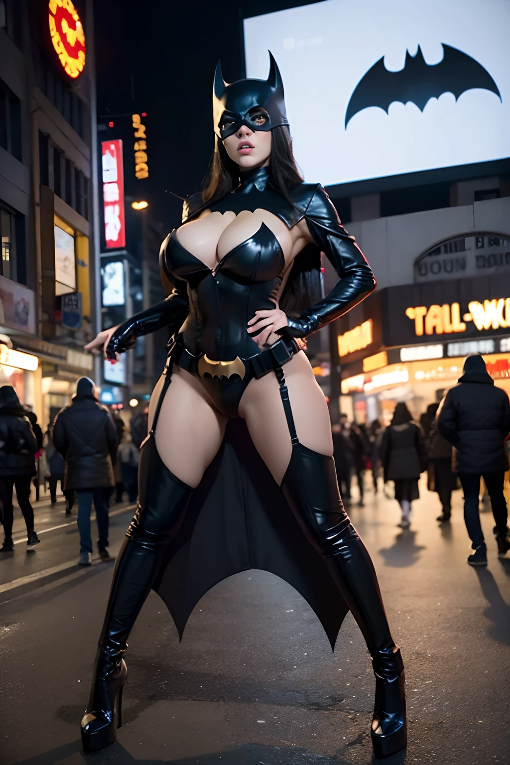 full body shot wide angled view, looking at the viewer, Batman as a mature bimbo on the crowded street of Halloween Night, gigantic breast, cleavage, action pose, fully clothed costume, giga_busty