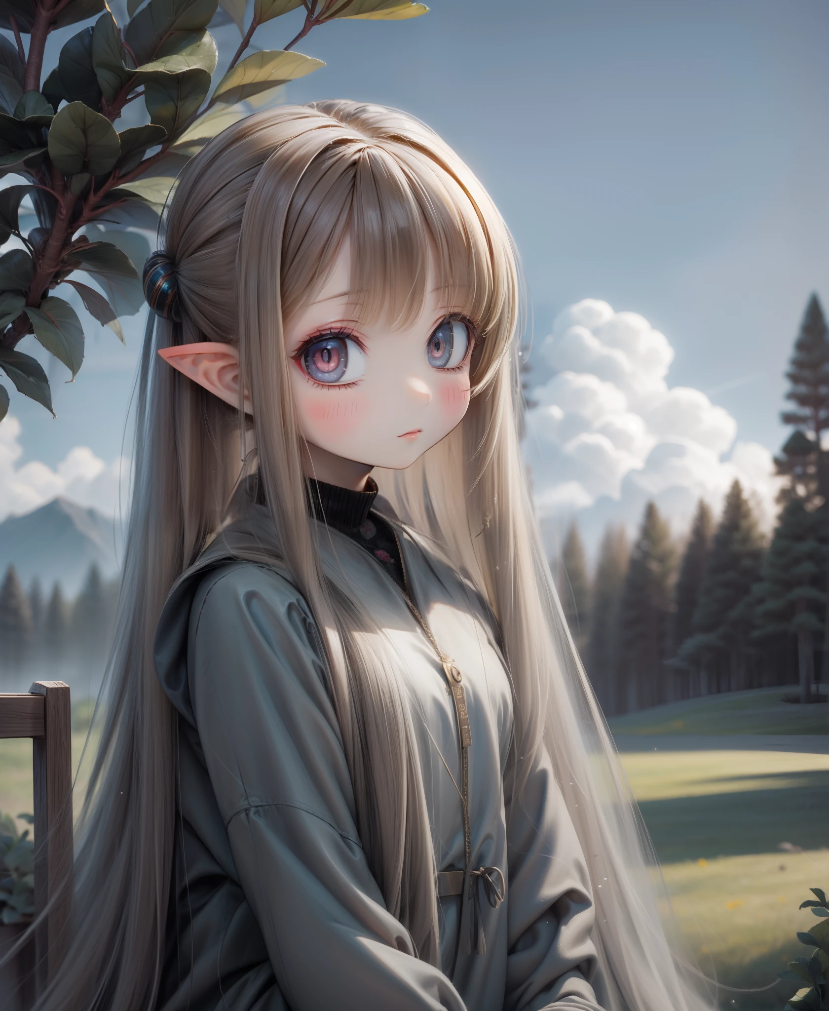 1girl, solo, bathing,  blonde hair, long hair, pointy ears, long eyelashes, thick eyelashes, looking at viewer blush, outdoors, forest, nature, plants, trees, clouds,