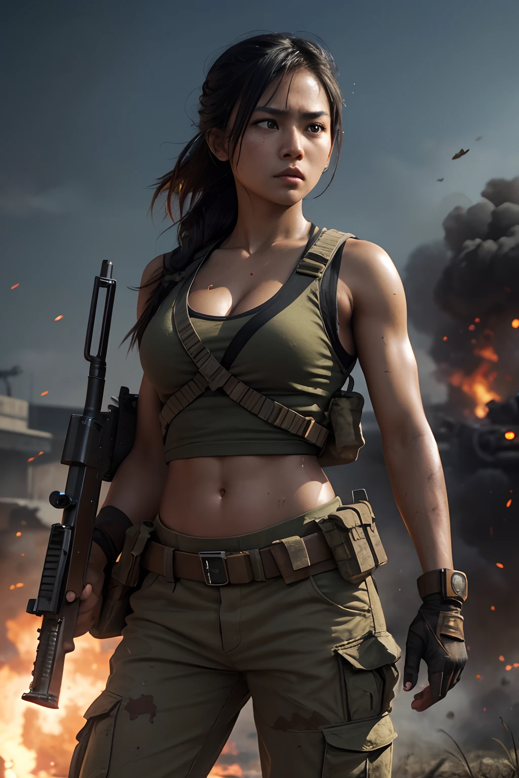24 year old, Filipino Woman, tanned bronze skin, wearing USA marine corps uniform, fighting on the battlefield, strong muscles, world war, modern war theme, army girl, rifle, (holding a rifle: 1.3), (aiming and holding rifle: 1.3), soldier girl, infantry girl, shootout, air raid, air strike, military, camouflage uniform, burning vehicle, warzone, battlefield, war, ruins, explosion, burning city, smoke, torn tank top, belly button, gloves, torn military pants, face stained with mud and blood, sweaty skin, bloody skin, mud-stained skin, small, cleavage, expression of determination, rigorous expression, highest quality, ultra-high resolution, absurdity, realistic, physically based rendering, cinematic lighting, complex and cinematic appearance, cinematic soft light, soothing tone, battlefield background, urban war background, photorealistic, cowboy shot, dynamic angle