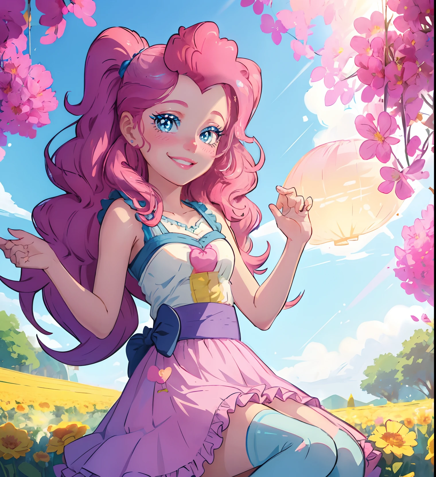 My little pony pinkie pie, pinkie pie, pinkie pie in the form of a girl, long dark pink hair, blue eyes, long pink and blue frilly dress, white frilly thigh high, small pink heels, blue sky, pink clouds, sitting in a pink and blue flower field, staring at viewers, (light pink skin 1.5), soft blush, happy smile, soft smile, holding flowers, balloons flying everywhere, ((sunrise 2.0)), highly detailed lighting, yellow light, in a beautiful flower field, pink and blue flowers everywhere, blue eyeshadow