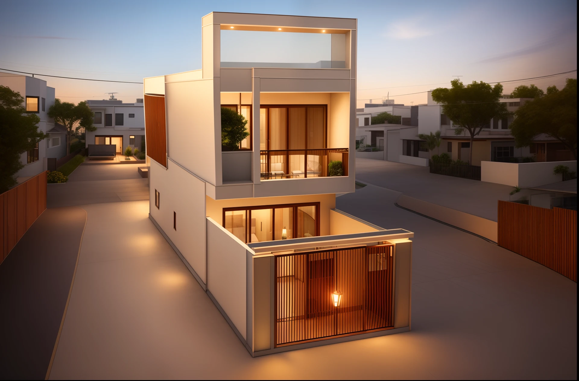 (Townhouse in city ,close houses and trees), daylight ( best quality) ((high solution)) ,(( photo realistic)) ,warm light, (sharp focus) front view of townhouse in style of modern,small house, Narrow area,VietNam,facade, curved arch,beautiful facade,curved windown,narrow and long ,two-storey,mutual colours, soft lighting, warm atmosphere,high Resolution, hyper detailed,4k ,vray render, octane render, hyper realistic, photography expert ,exterior design , professional photography, exterior photography,wide-angle shot , ultra detail , high Resolution , full frame, full body